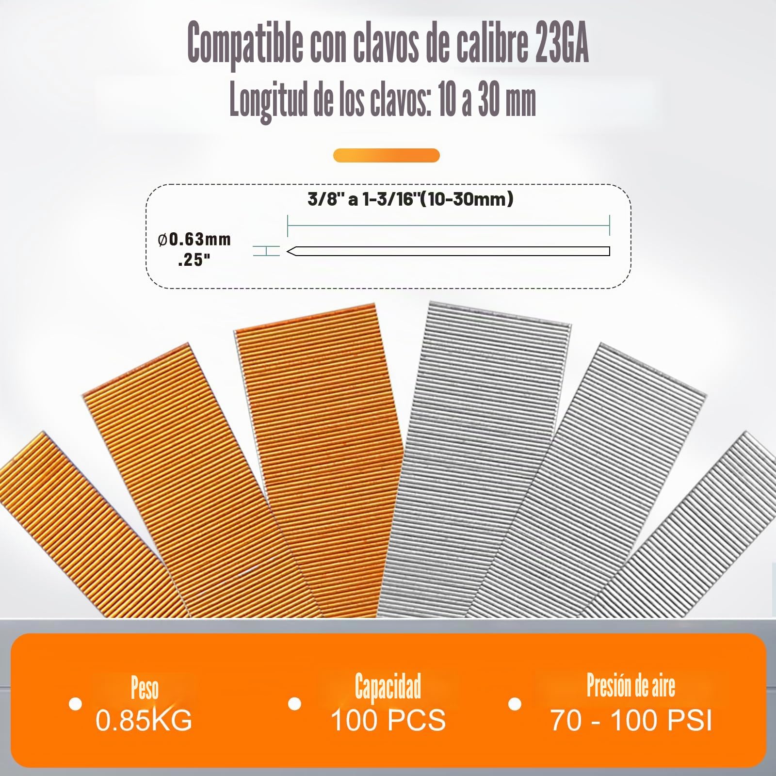 Clavadora neumática sin cabeza de calibre 23 con gatillo de seguridad, compatible con pines sin cabeza de 12-30 mm, pistola de aire para tapicería, muebles y bricolaje, etc.