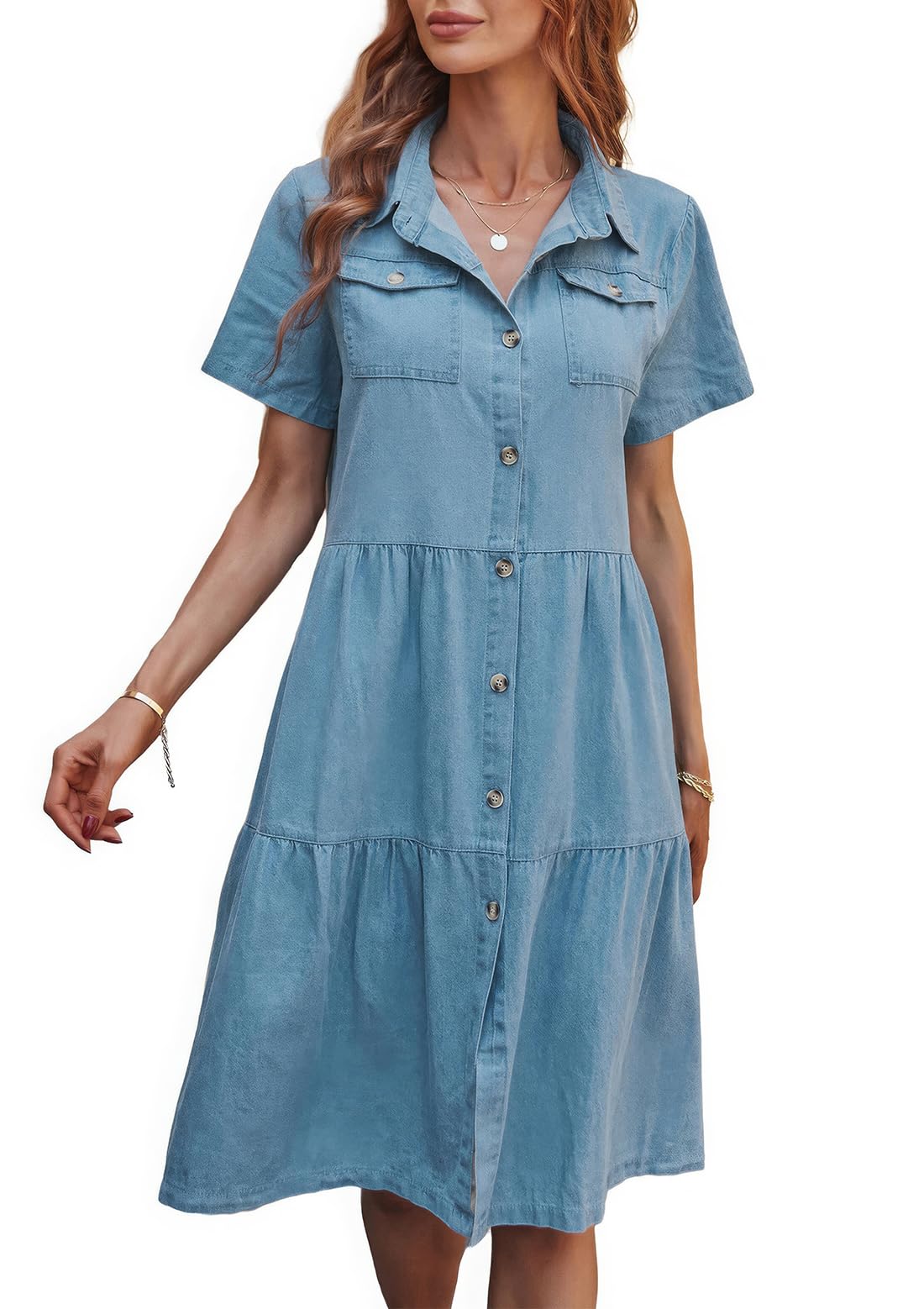 ebossy Women's Casual Short Sleeved Denim Shirt Dress Turn Down Collar Button Up Knee Length Tiered Jean Dress