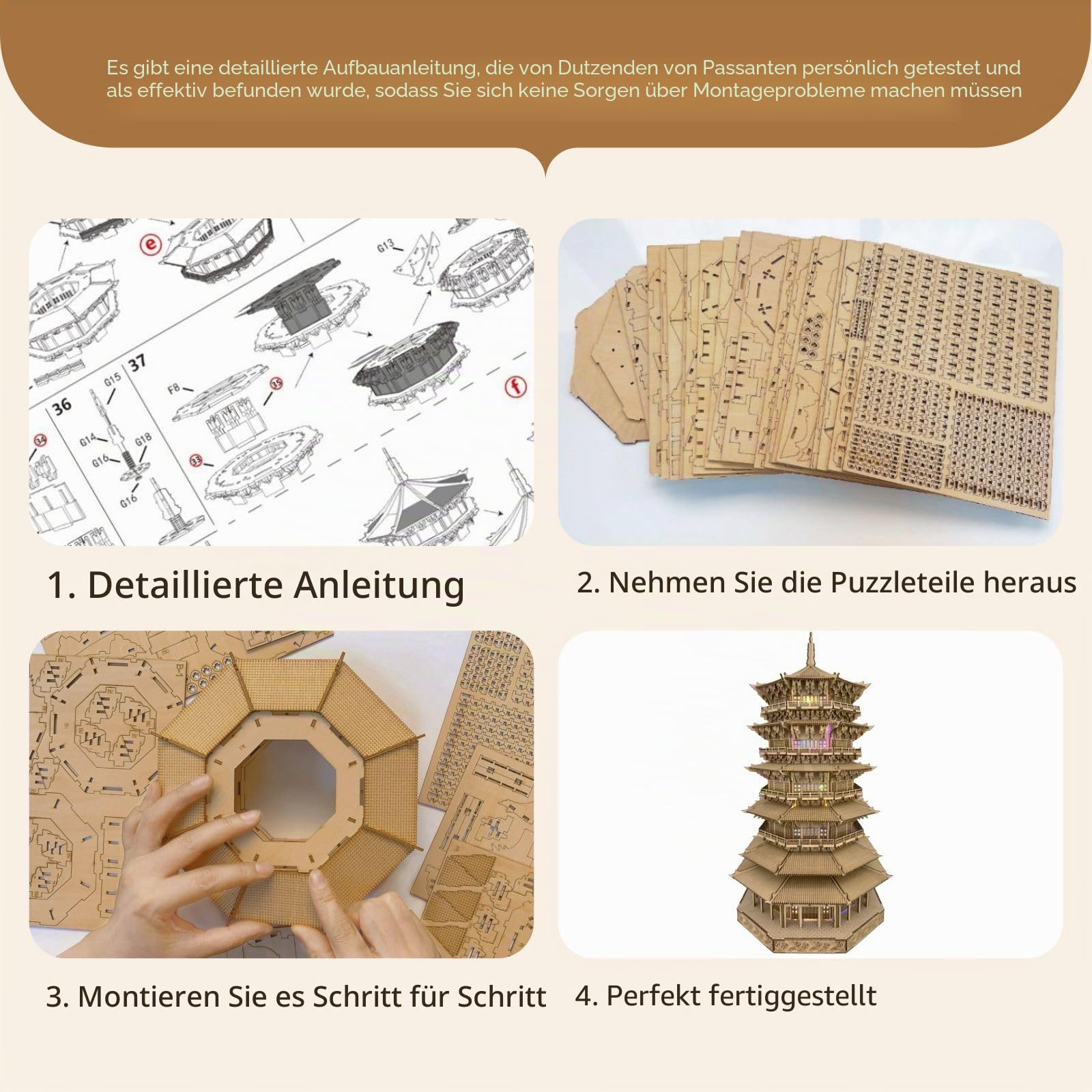 3D-Holzpuzzles für Erwachsene, Holzpagode, Modellbausätze, 3D-Puzzle, Erwachsene, Bauhandwerk für Erwachsene und 14+ Jugendliche. (fünfstöckige Pagode, 1287 Teile)