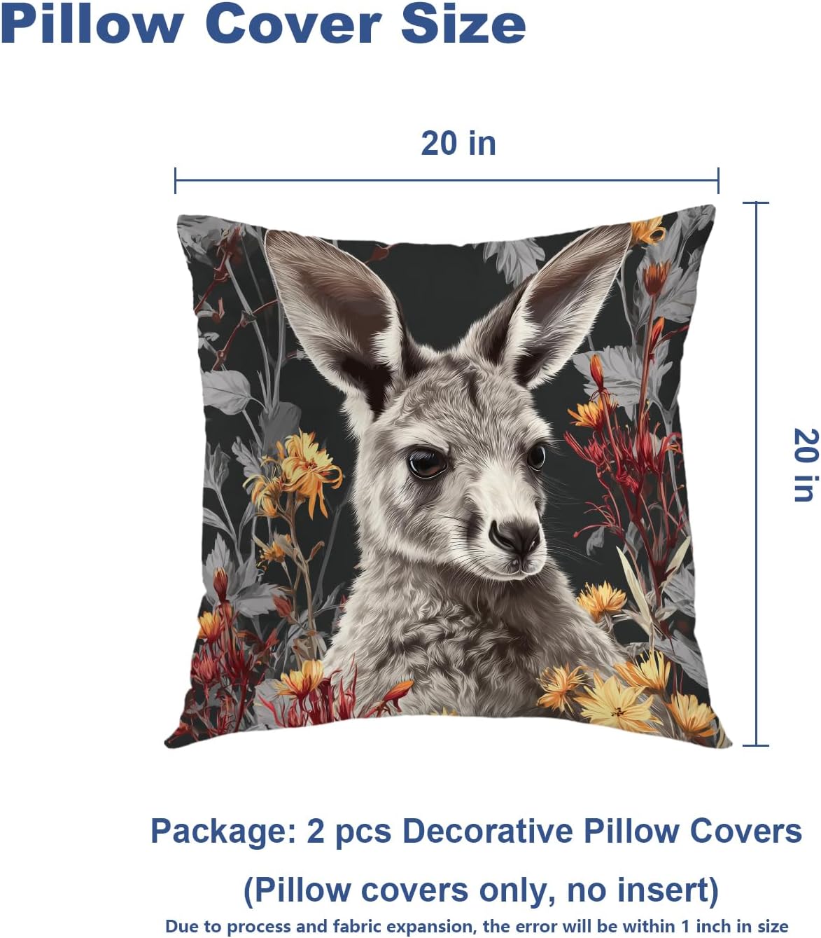 Batmerry Cute Kangaroo Throw Pillow Covers, Floral Nature Yellow Flowers Decorative Pillow Covers Digital Printing Blended Fabric for Couch Sofa Bed Invisible Zipper 20X20 in(Set of 2)
