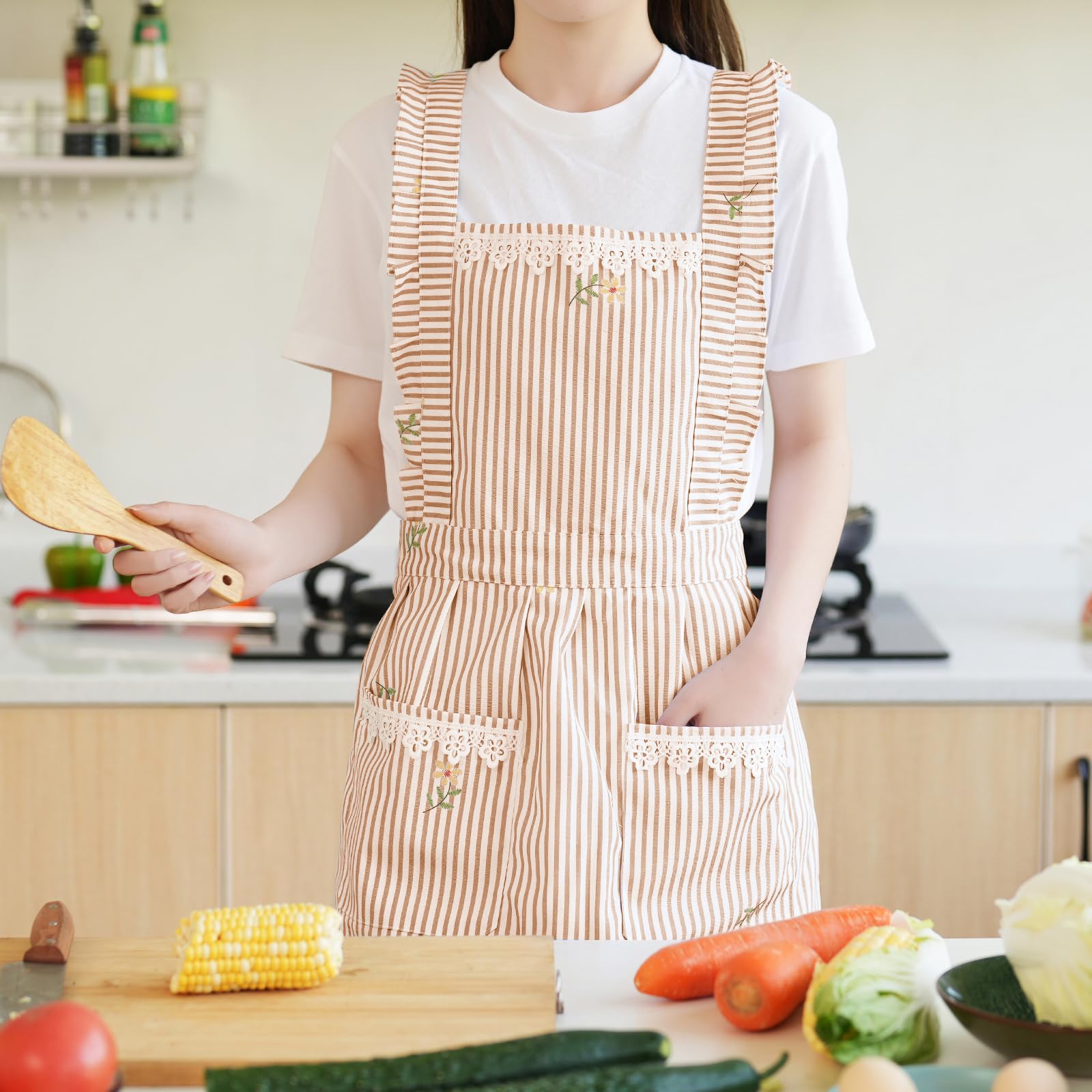 Delantales divertidos para mujer con bolsillos, para cocina, parrilla, barbacoa, lindo delantal de chef, día de la madre, regalos de cumpleaños para mujeres, Marrón/Rayas, M
