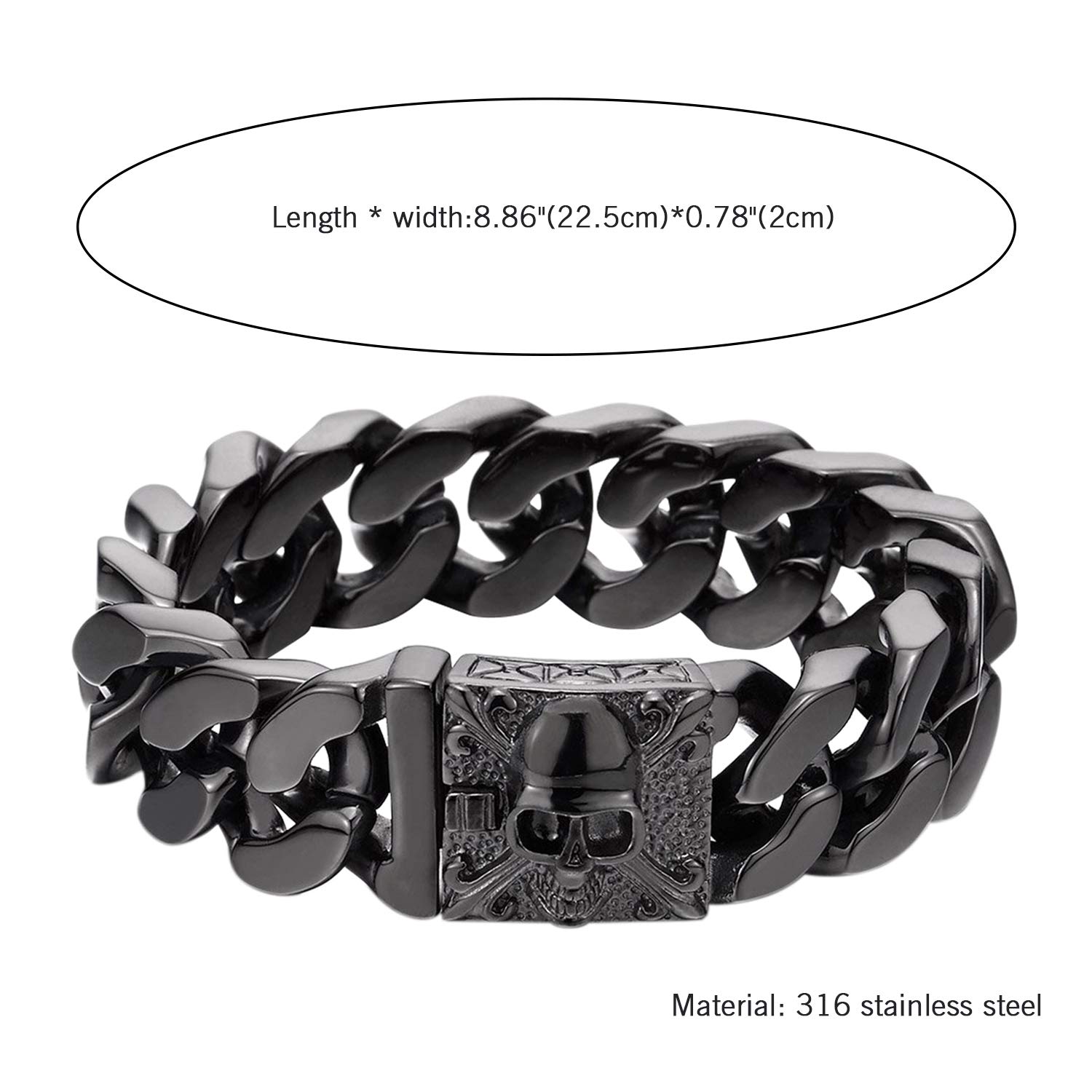 Flongo Pulsera De Acero Inoxidable Para Hombre: Brazalete De Eslabones Negros Estilo Hip Hop - Pulsera De Calavera Estilo Punk Rock Motero