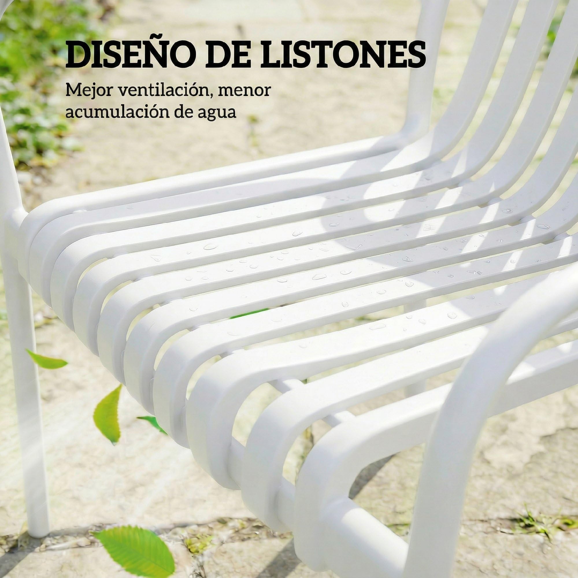 Outsunny Juego de 4 Sillas de Jardín Exterior Apilables, Sillas Terraza Exterior de PP con Respaldo Curvado, Asiento de Listones, Reposabrazos, 55x58,5x81,5 cm, Blanco