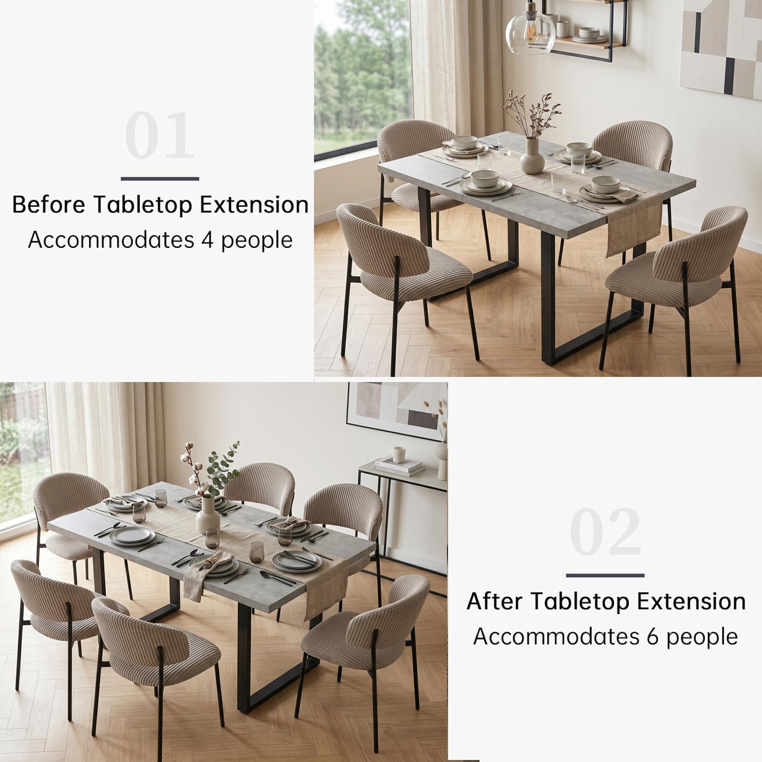 Table salle à manger extensible 130x170 cm MDF ciment 6 chaises textiles moderne