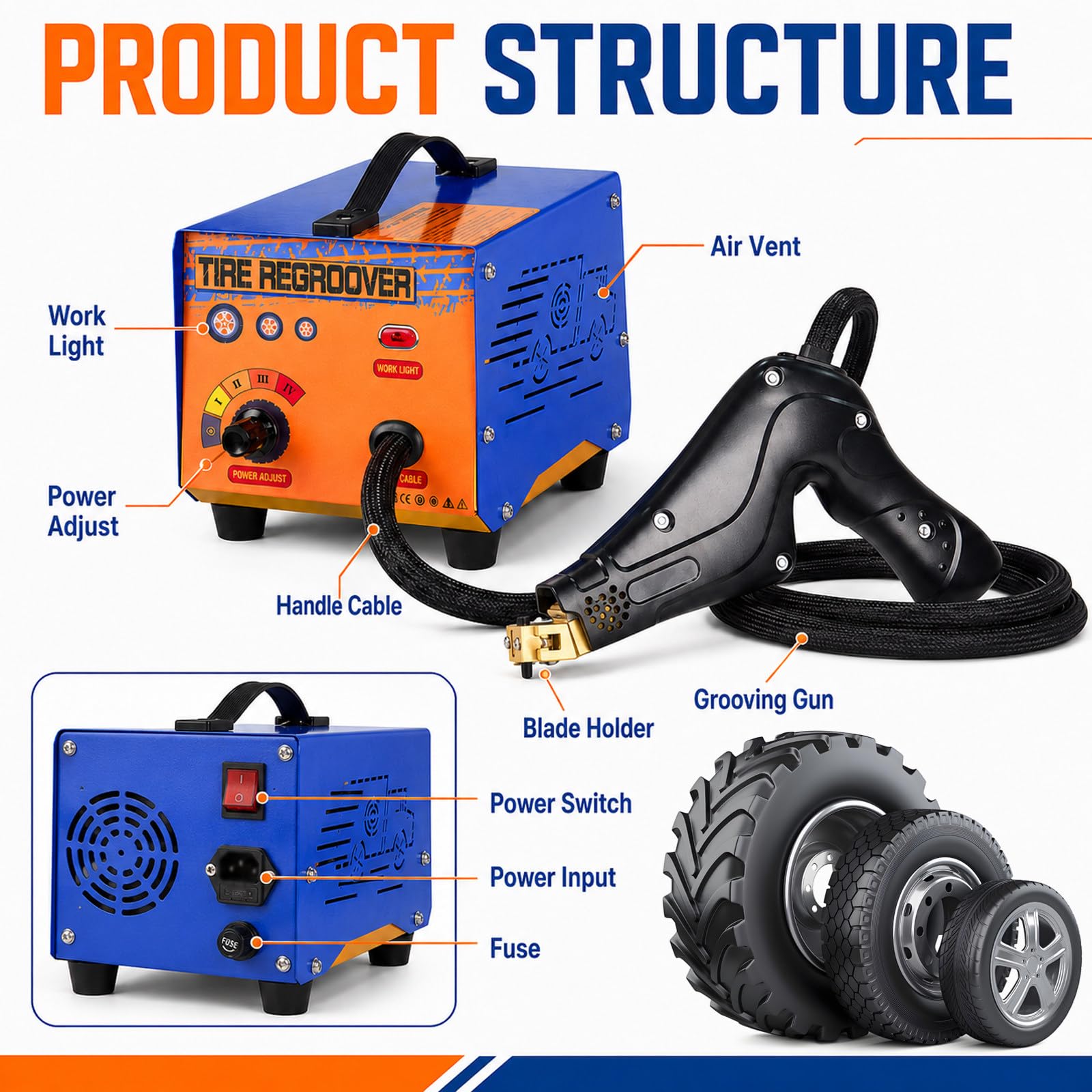 Machine à Rainurer Pneus 1000W avec Lames U/V et Réglage Chaleur 4 Niveaux