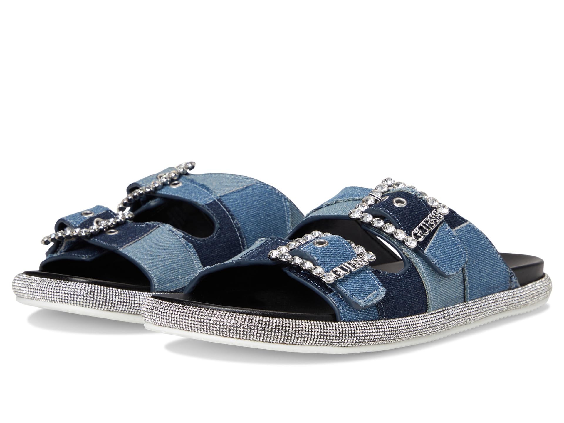 GUESS Women's Funzy Flat Sandal, Medium Blue Denim Patchwork 420, 3.5 UK