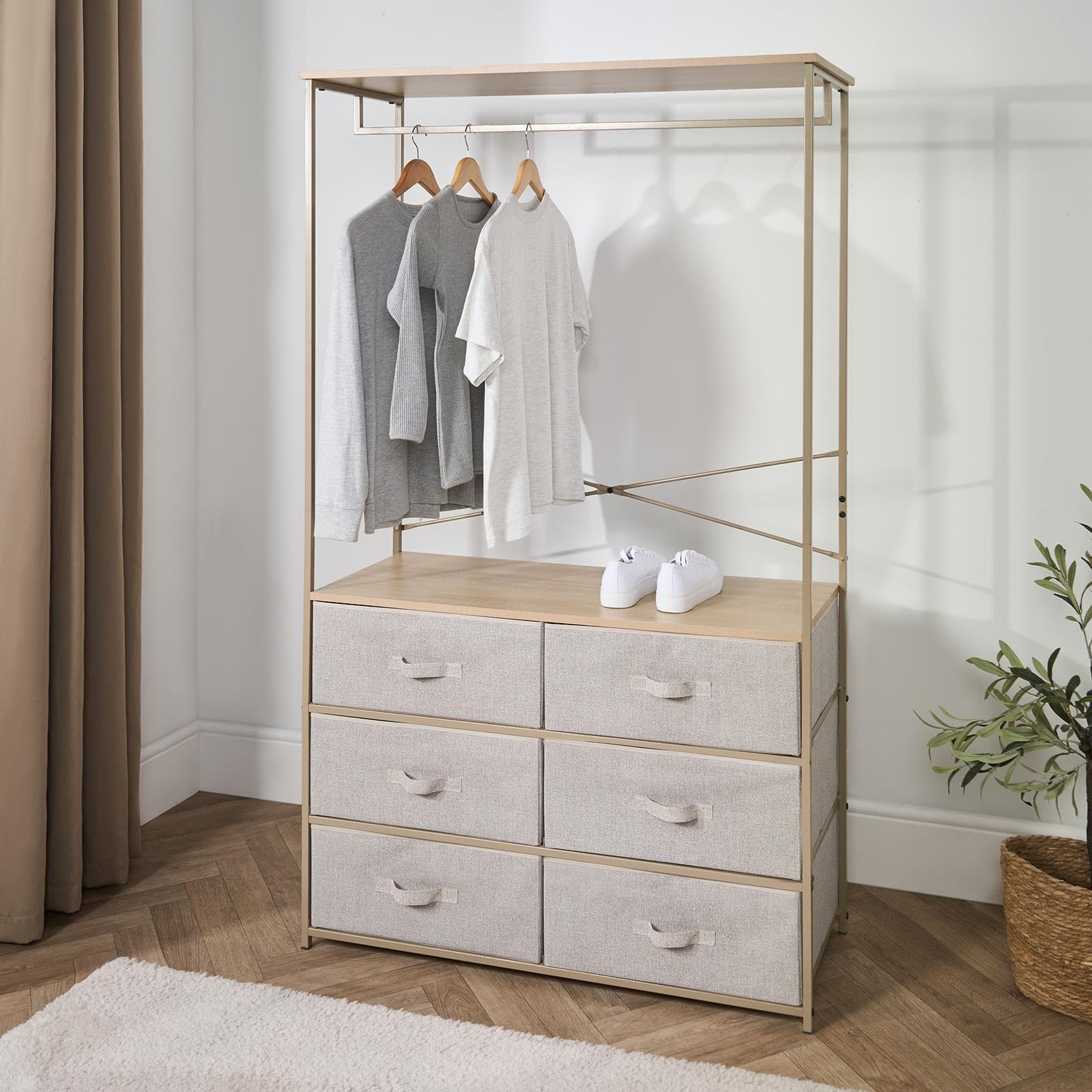 OHS Brooklyn 6 Fabric Chest of Drawers with Clothes Hanging Rail, Neutral Beige Open Wardrobe Storage Unit Organizer with Sturdy Metal Frame for Bedroom Closets Office