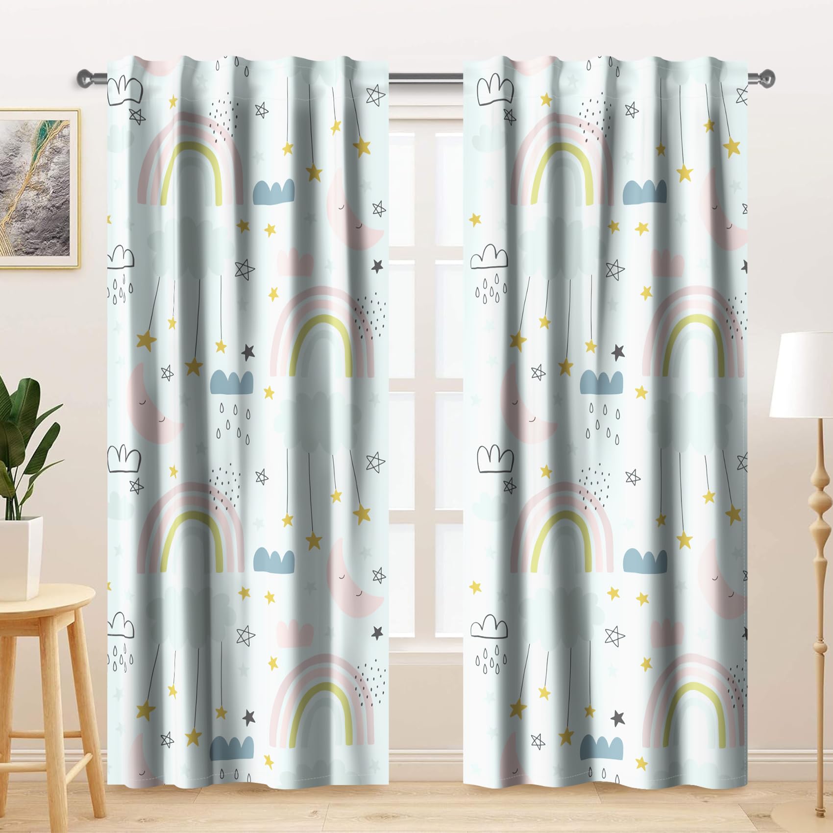 Kzzfqxb 117x229cm Kinder vorhänge 2 Paneele, Regenbogen nach Regenwolken Mondsterne Karikatur, Hellblau Rosa Dekor für Kinder Mädchenschlaf Zimmer, Kinderzimmer, Wohnzimmer