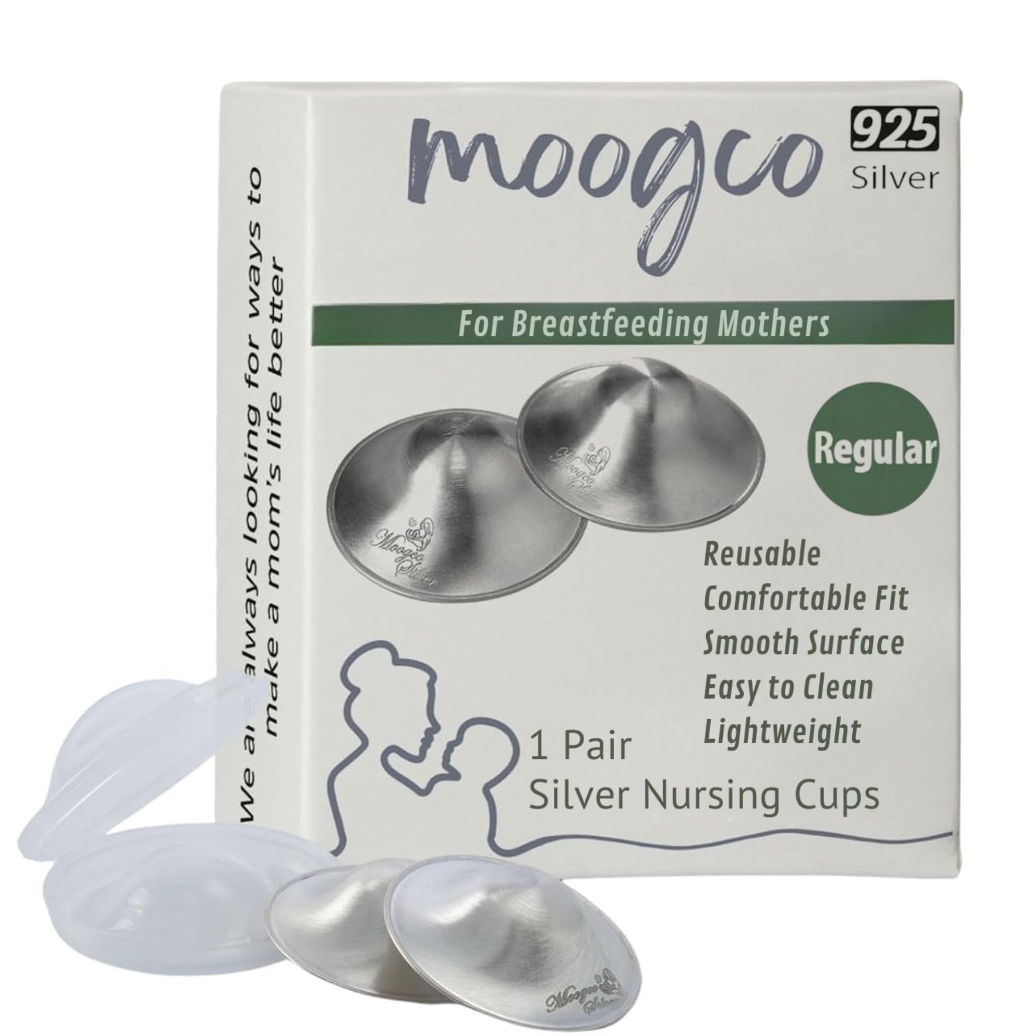 MOOGCO The Original Silver Nursing Cups - 925k Silver Nipple Cups - Nipple Shields for Breastfeeding Newborn – Protective Silver Nipple Covers for Nursing Moms (925k Regular)