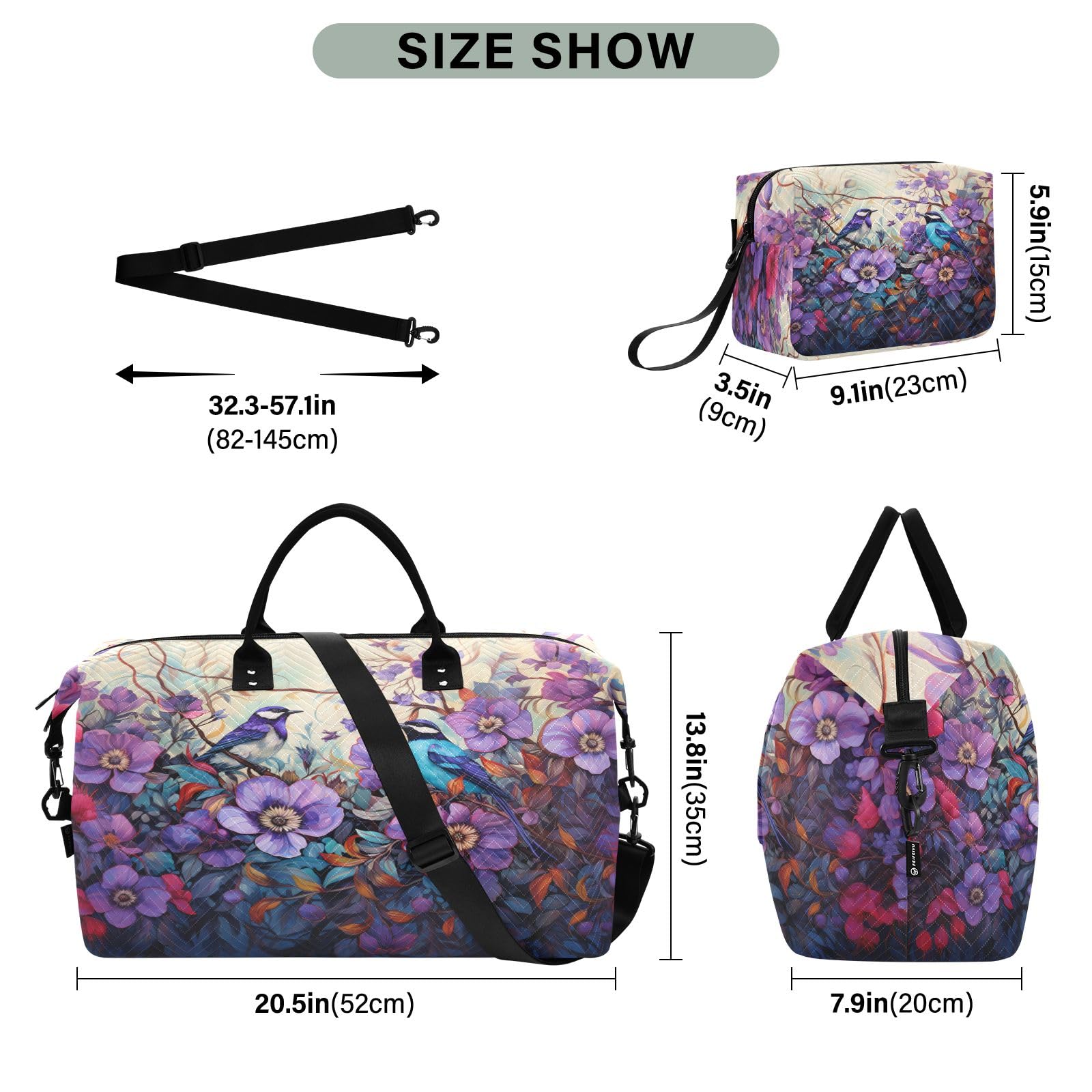 Green Fire Dragon Reisetasche, Reisetasche, Fitnessstudio, Yoga, Handgepäcktasche für Männer und Frauen, Wochenendtasche, Vögel unter der Blume, Einheitsgröße