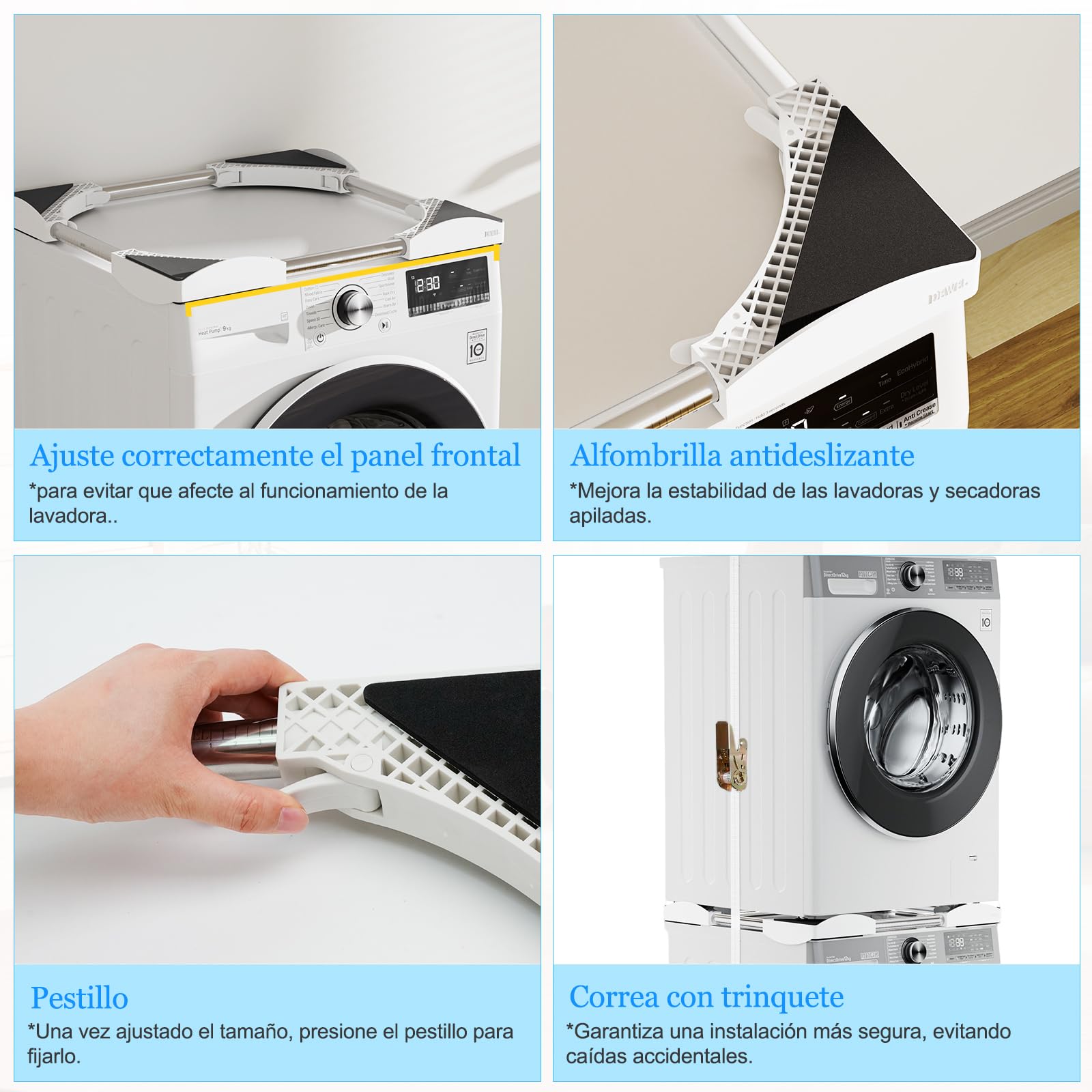 DEWEL Marco intermedio secadora lavadora, marco de conexión lavadora secadora universal, con cuerda de trinquete, conexión ajustable para lavadora-secadora, 45-65 cm