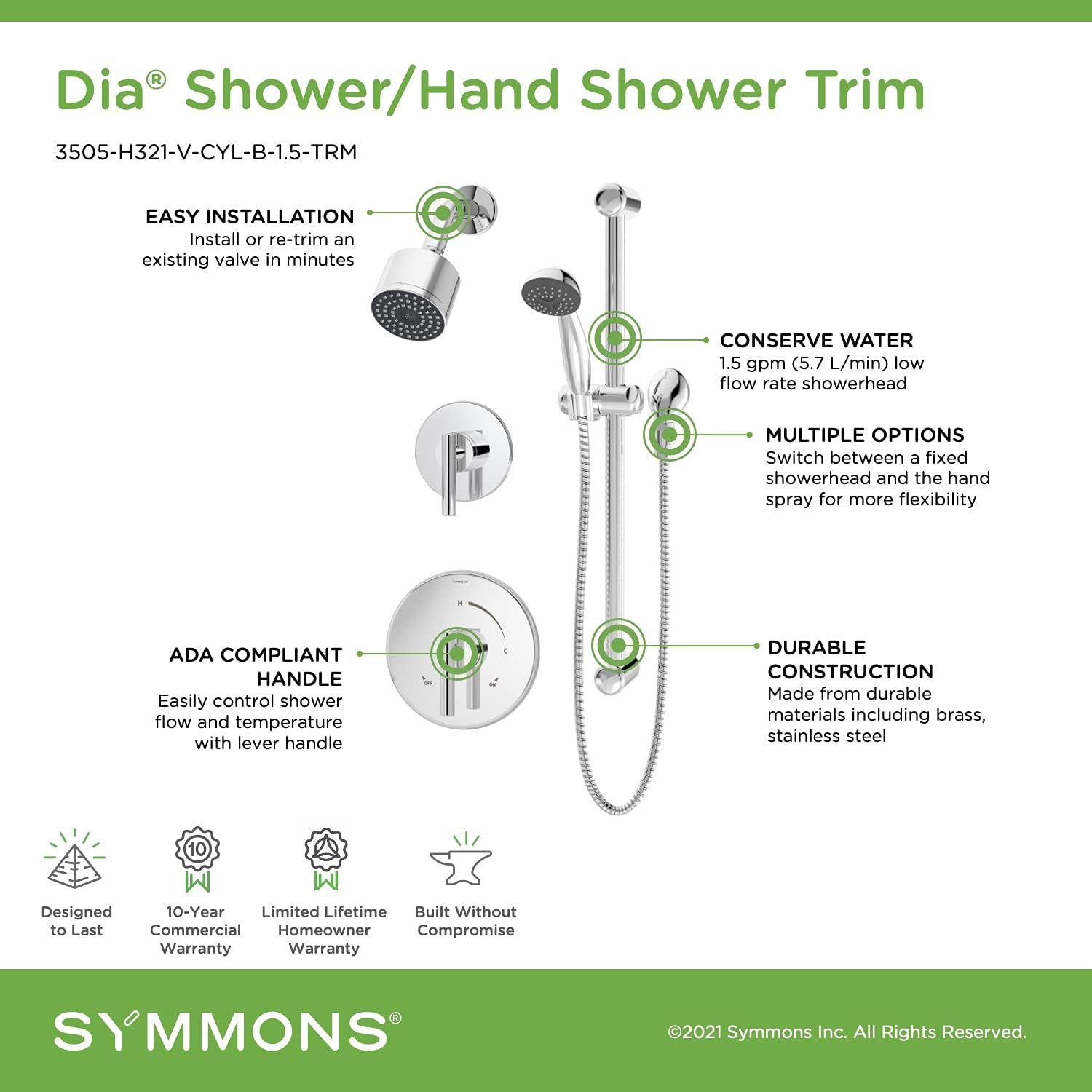 Symmons 3505-H321-V-CYL-B-1.5-TRM Dia 2-Handle 1-Spray Shower Trim with 1-Spray Hand Shower in Polished Chrome (Valves Not Included)
