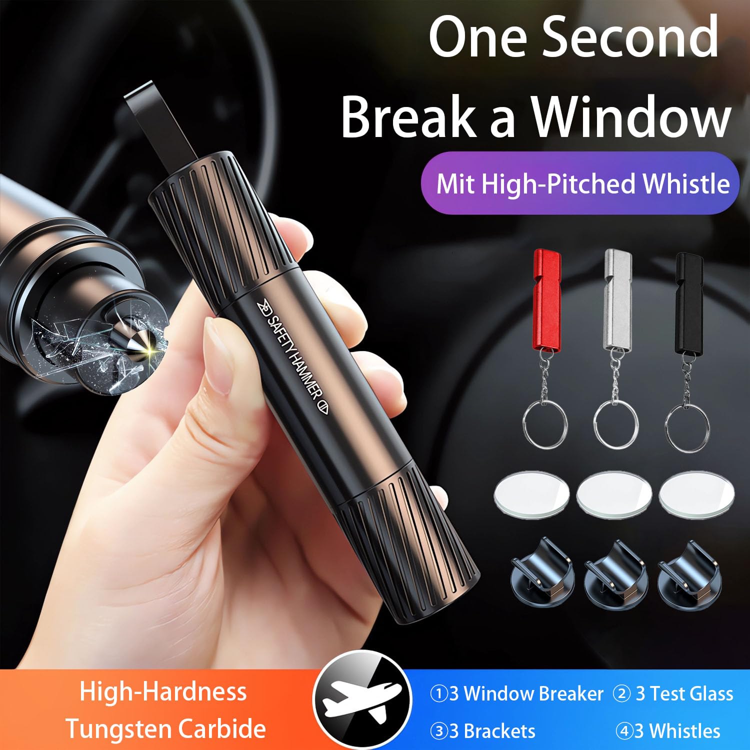 3 Pcs 2 in 1 Car Window Breaker Seatbelt Cutter(With Whistle/Fixed Bracket/Test Glass) Car Glass Breaker and Seatbelt Cutter，2 in 1 Emergency Car Window Breaker For Car Safety