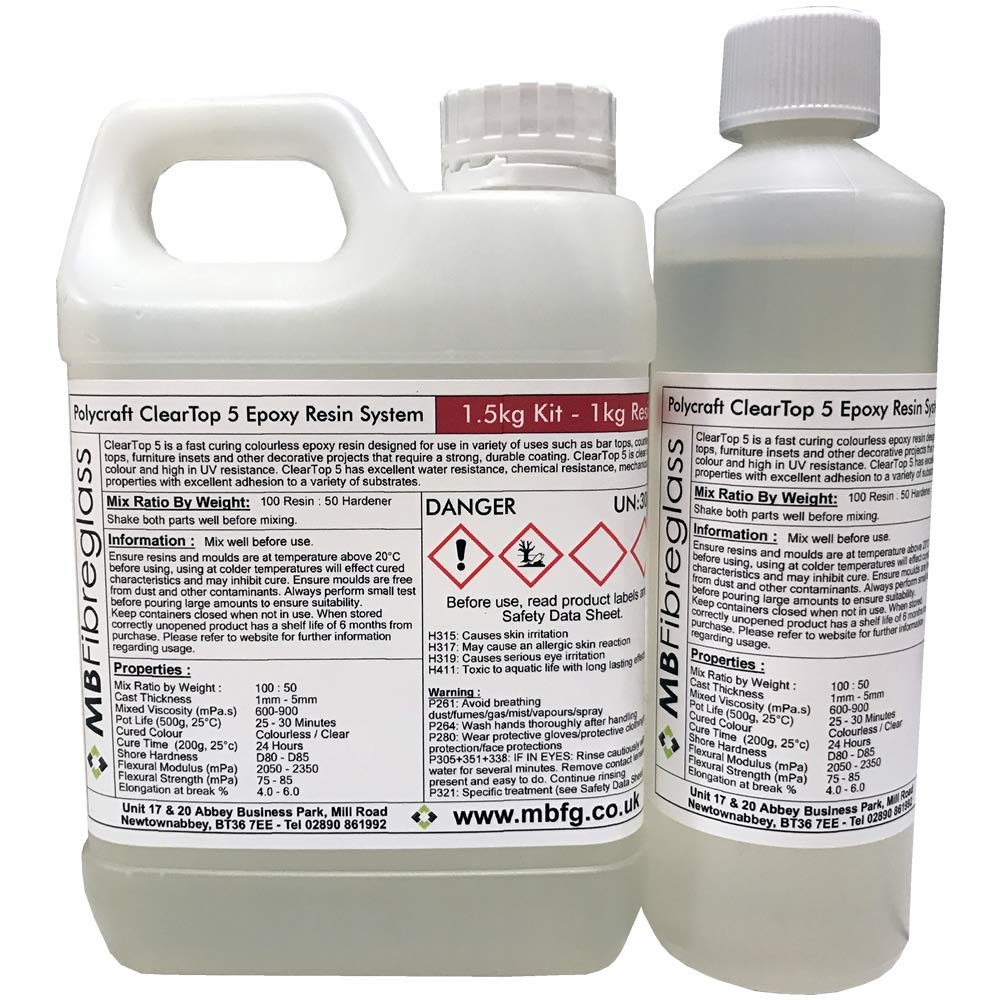 Polycraft ClearTop 5 Epoxy Water Clear Resin System (Bar/Counter/Table Top) 1mm - 5mm Casting Depth - 1.5kg Kit