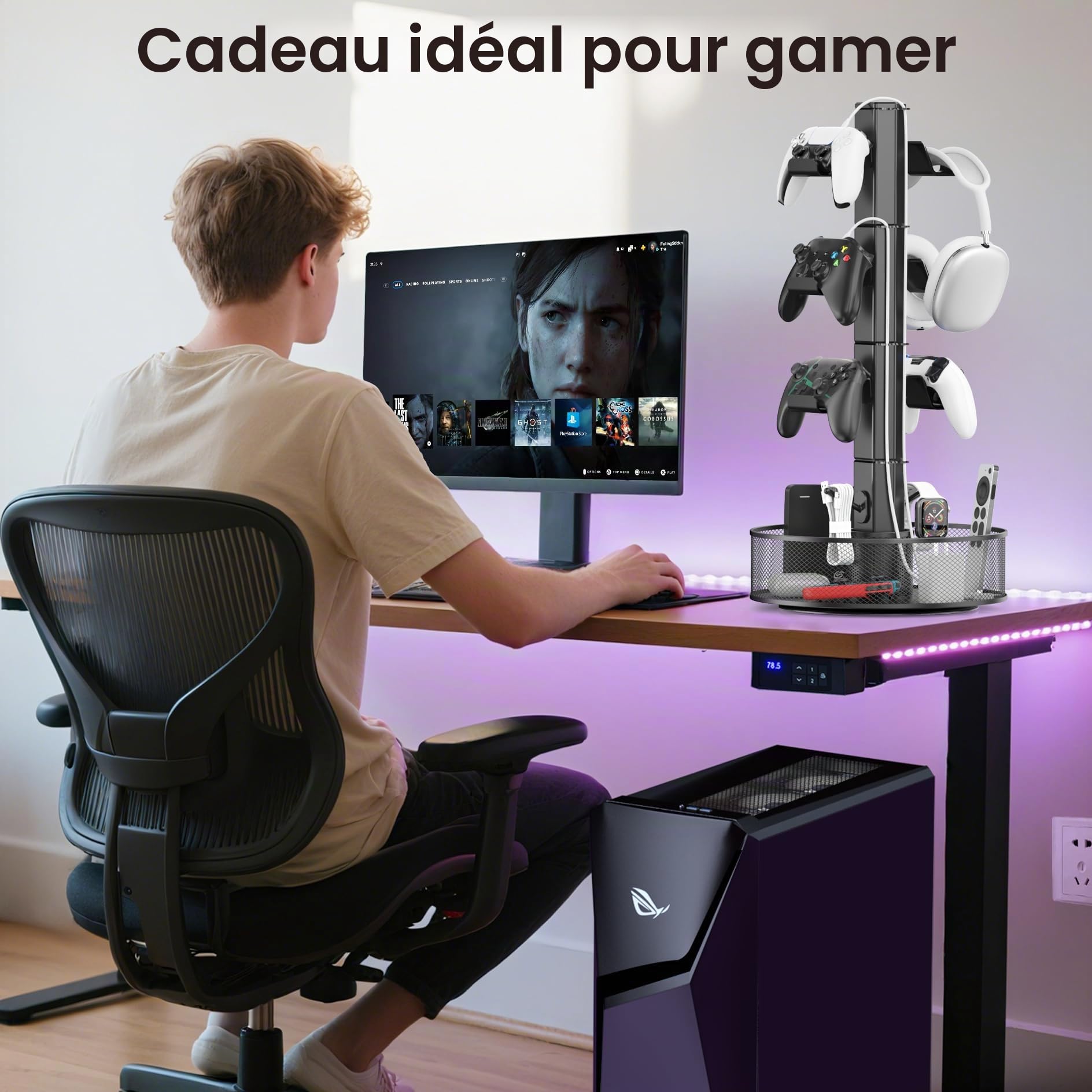 Kosker Support de Manette de Jeu Rotatif Avec Panier pour Bureau, Support Universel pour Casque et Manette pour Accessoires PS5/PS4/Xbox/Switch/PC, Organisateur pour Casque et Câbles, Noir