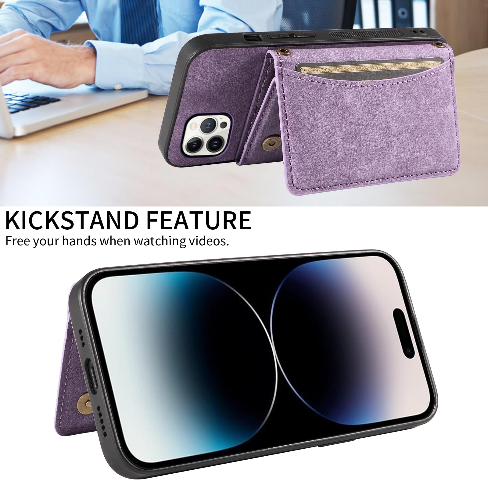 ELISORLI Phone Case For iPhone 14 Pro 6.1 inch Wallet Cover with Crossbody Shoulder Strap and Leather Credit Card Holder Pocket Slim Cell Accessories iPhone14Pro 5G i i-Phone i14 iPhone14 14Pro Purple - Image 3