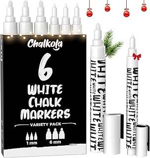 Chalkola White Chalk Markers - White Dry Erase Liquid Chalk Pens for Chalkboard, Blackboard, Window, Bistro, Car Glass, Board, Signs - Variety Pack of 6 - (3x) 1mm & 6mm