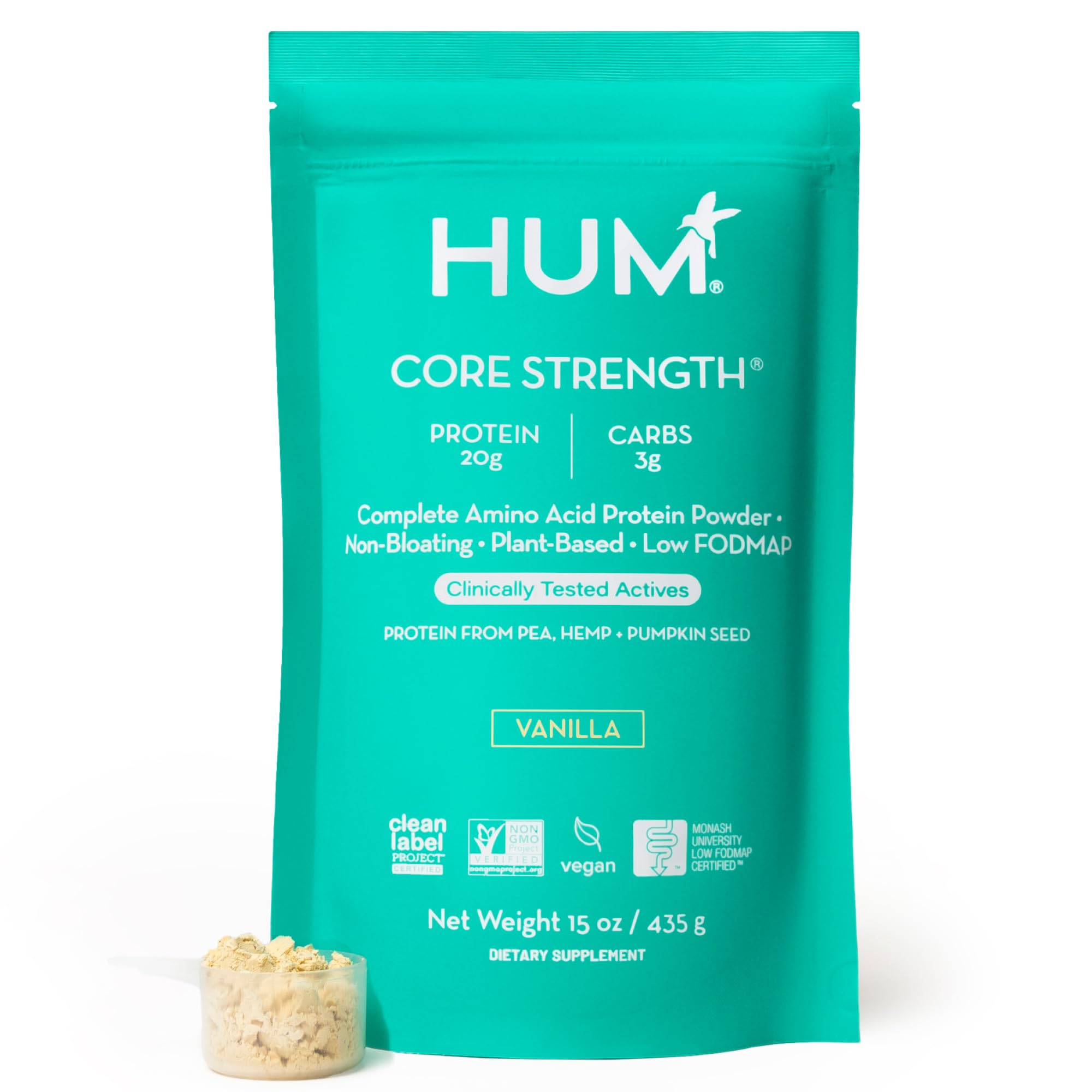 HUM Core Strength Vanilla Vegan Protein Powder, Gluten Free, Plant Based, 20g Protein per Serving, Amino Acids, Pea Hemp & Pumpkin Seed Proteins, Low Fodmap, Gut-Friendly, Easy to Digest, 15 Servings