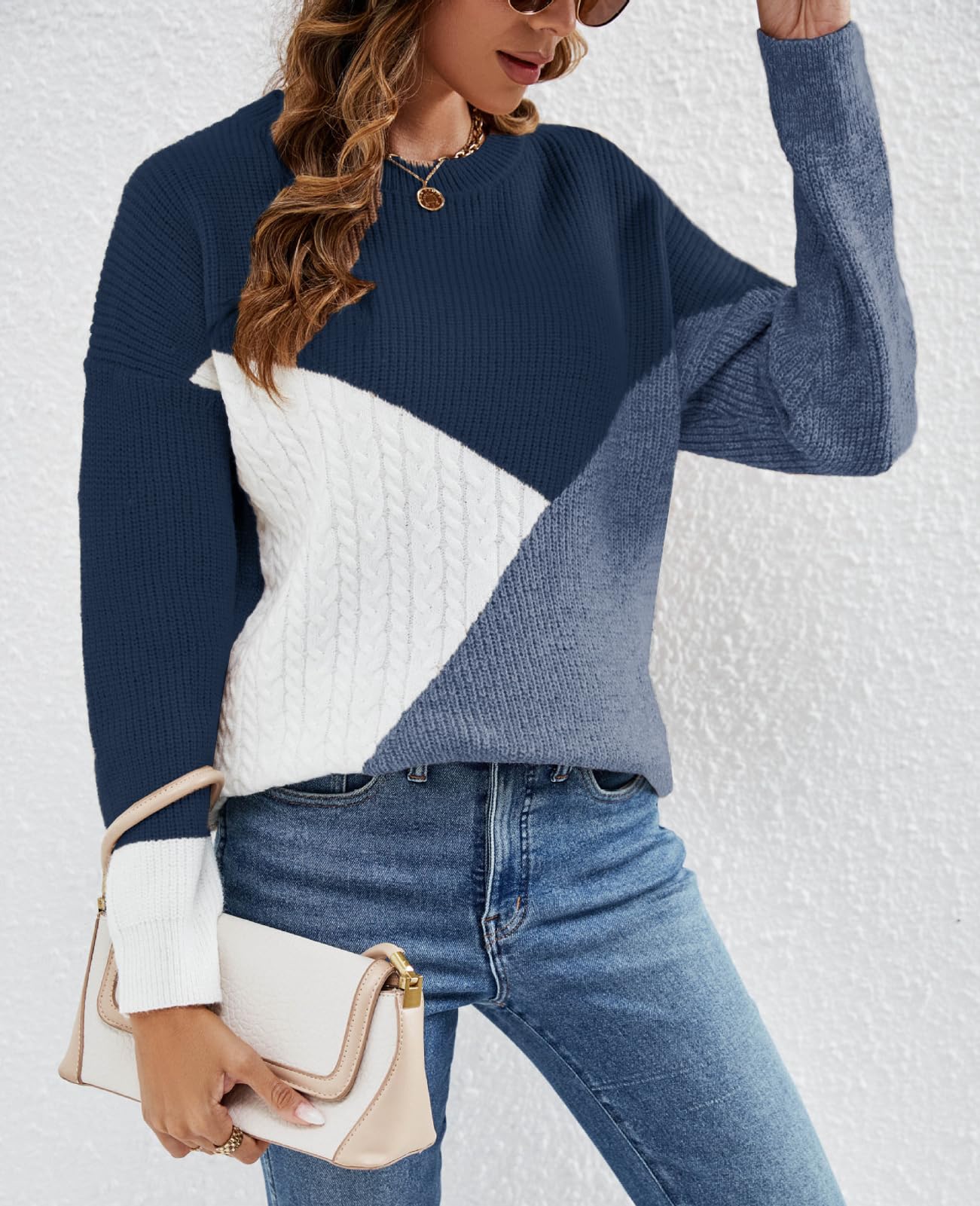 NLAND Maglione Donna Blocchi di Colore Pullover in Maglia Casual Autunnale Invernale Girocollo Colletto Rotondo Maglia Caldo a Manica Lunga Pullover Top