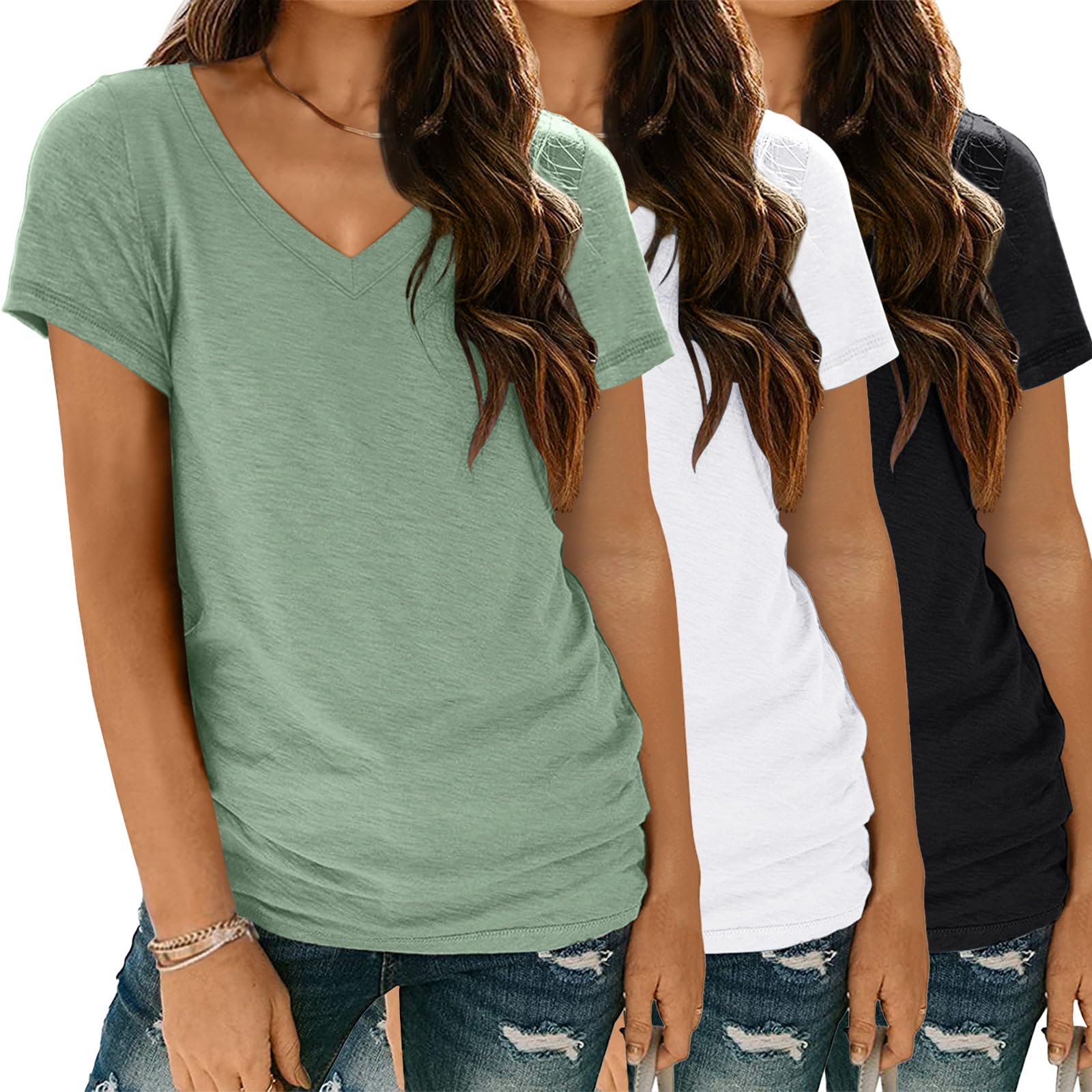 SUNBS3 Pack V Neck T Shirts for Women Short Sleeve Tshirts Summer Casual Tops Loose Fit Basic Tees