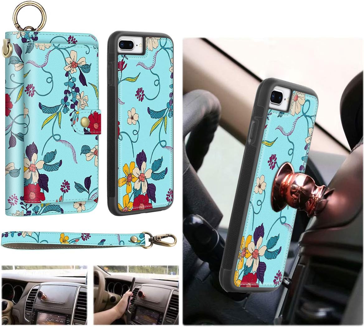 Petocase Compatible iPhone 8 Plus / 7 Plus Wallet Case, Multi-Function Zipper Purse Detachable Magnetic Back Cover Wristlets 13 Card Slots & 4 Cash Pocket for Apple iPhone 8 Plus/7 Plus Green Floral
