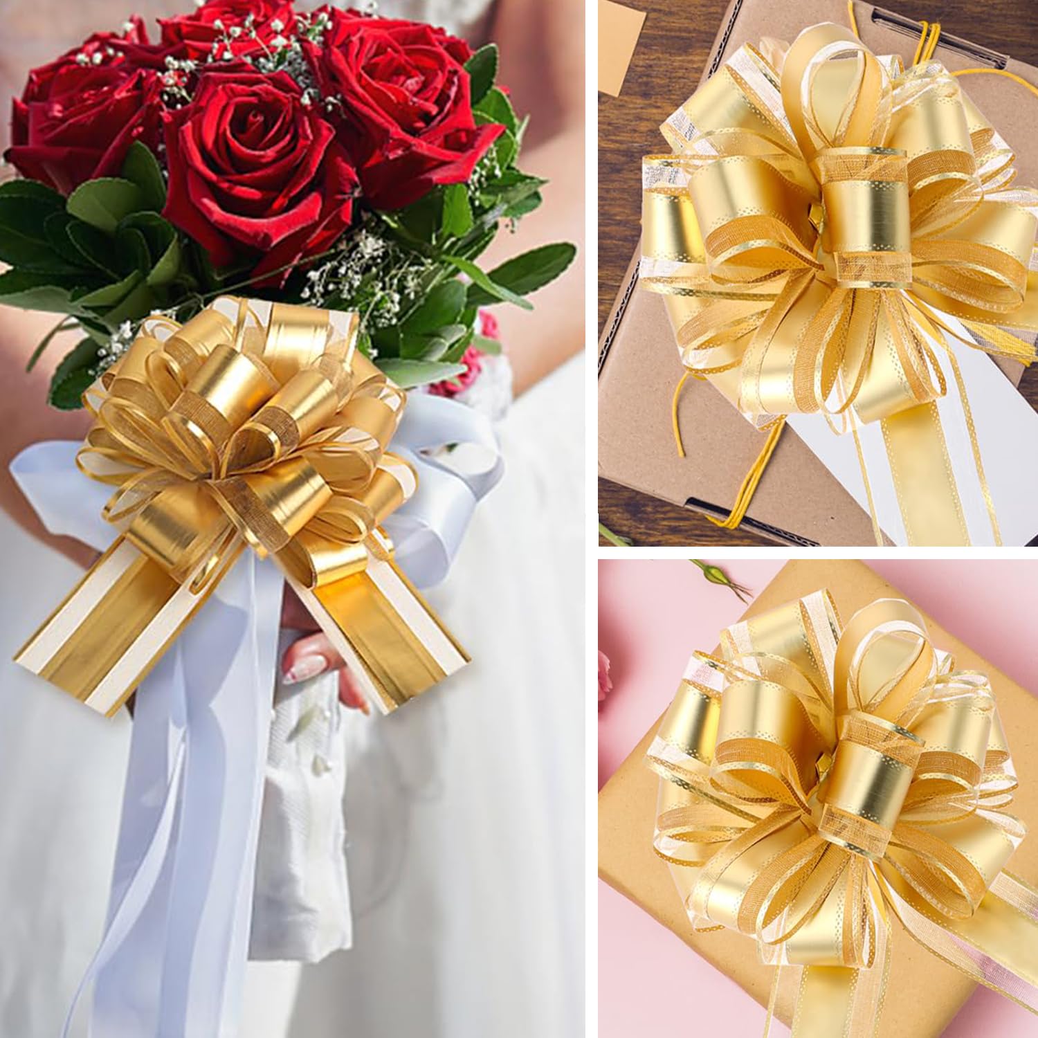 Fiocco Preconfezionato Per Regali In Colori Oro Con Fiore Per Bottiglia Di Vino E Anello Elastico - 2