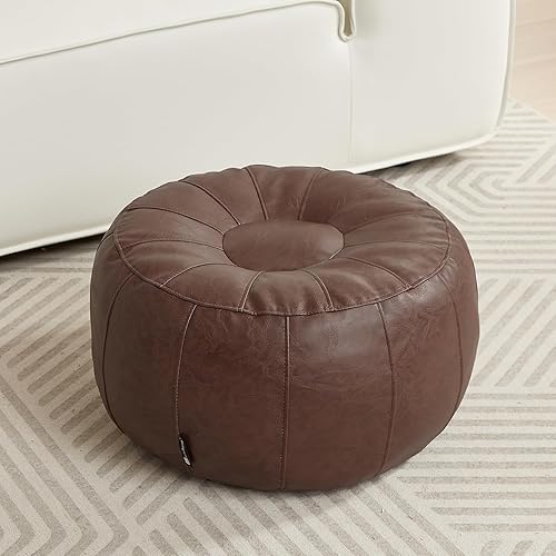 Miniatura 8 de Louis Donné Funda de puf de piel sintética sin relleno, puf otomano redondo para sala de estar, dormitorio, color naranja