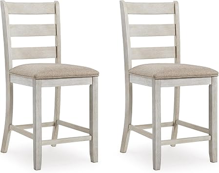 Signature Design by Ashley Skempton | 2-Count 24" Counter-Height Upholstered Bar Stools Coastal Chic Ladder-Back, Antique White