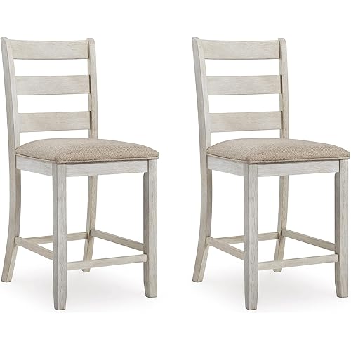 Signature Design by Ashley Skempton | 2-Count 24" Counter-Height Upholstered Bar Stools – Coastal Chic Ladder-Back, Antique White