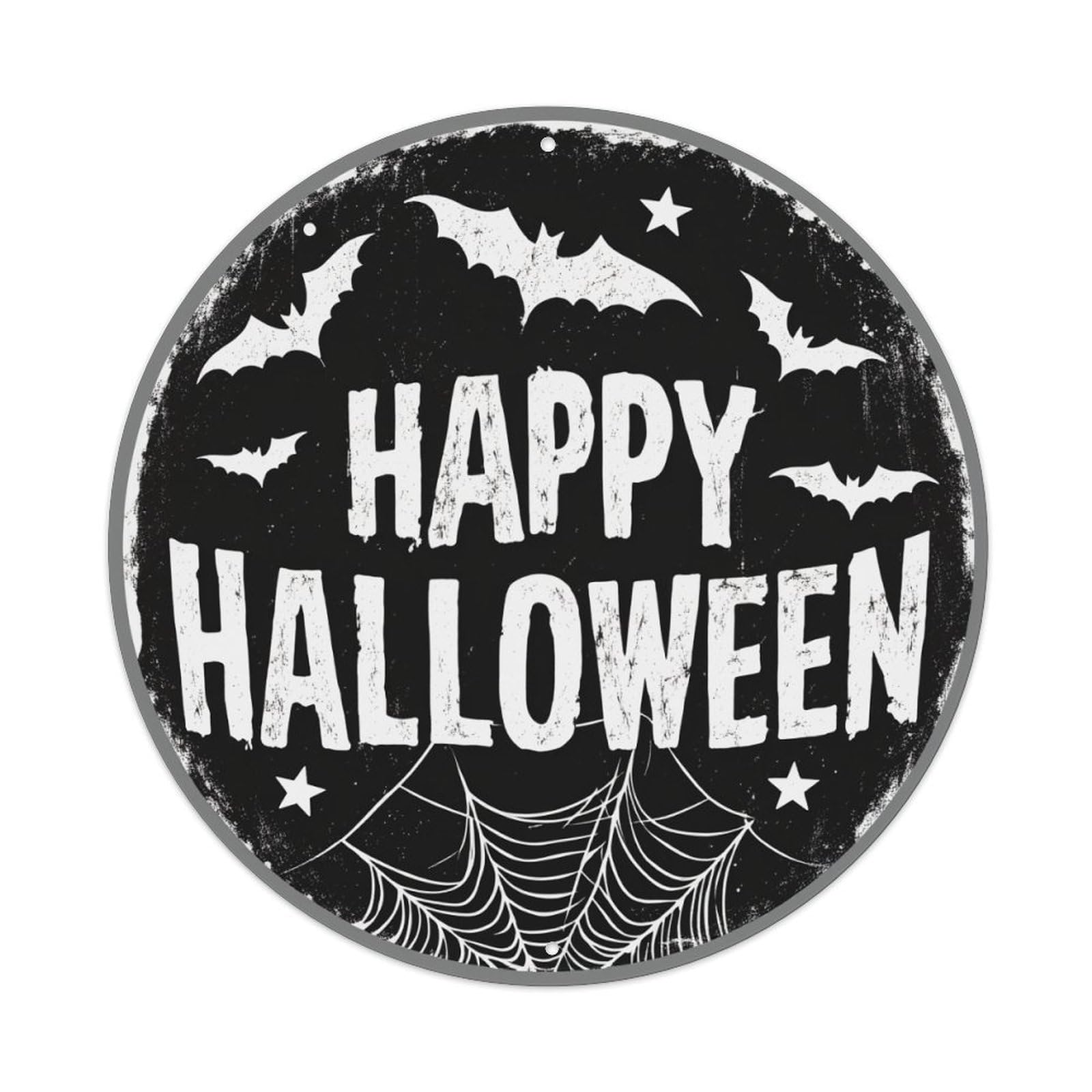Happy Halloween Bats Spiders Web Round Tin Sign Vintage Metal Poster, Home Bar Garage Man Cave Cafe Indoor & Outdoor Wall Decoration 8x8Inches