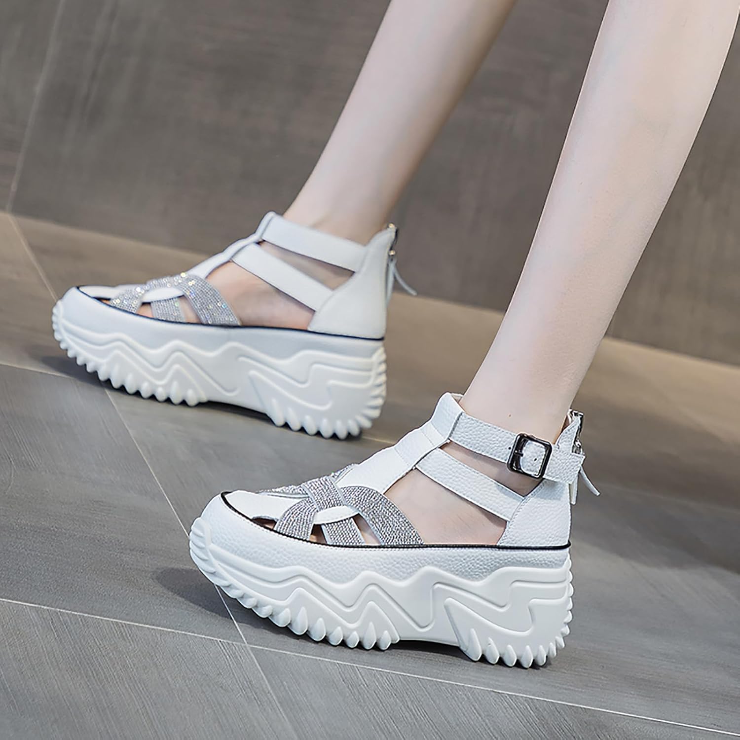 Chunky Platform Sneakers for Women Sneaker Sandals with Back Zipper Rhinestones