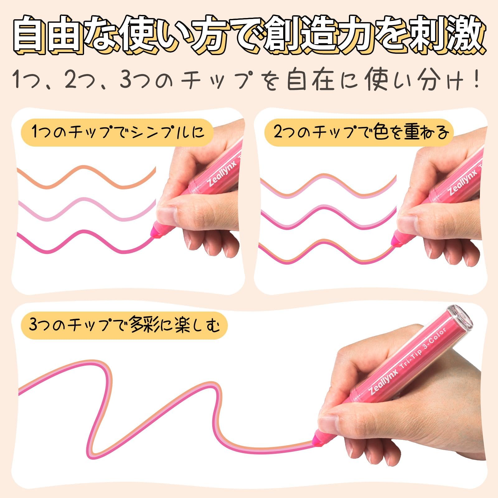 Amazon.co.jp: Zeallynx 蛍光ペン 3色一体型 マーカーペン 6本セット