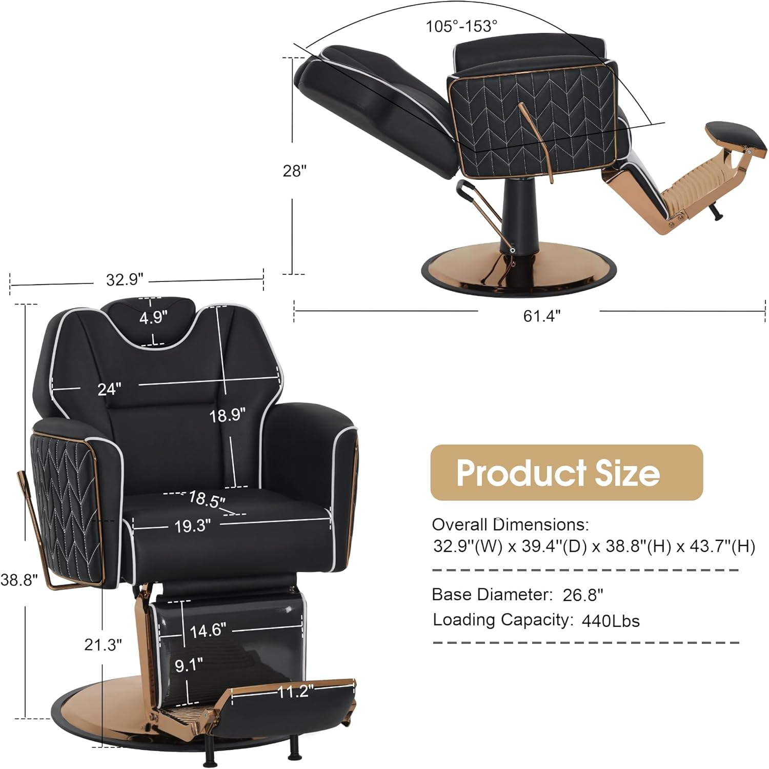 BarberPub Classic Barber Chair, Both Sides Hand Levers for Left-Handed Users, All Purpose Hydraulic Reclining Salon Chair of Hair Stylist, Barbershop, 9274 (Black)