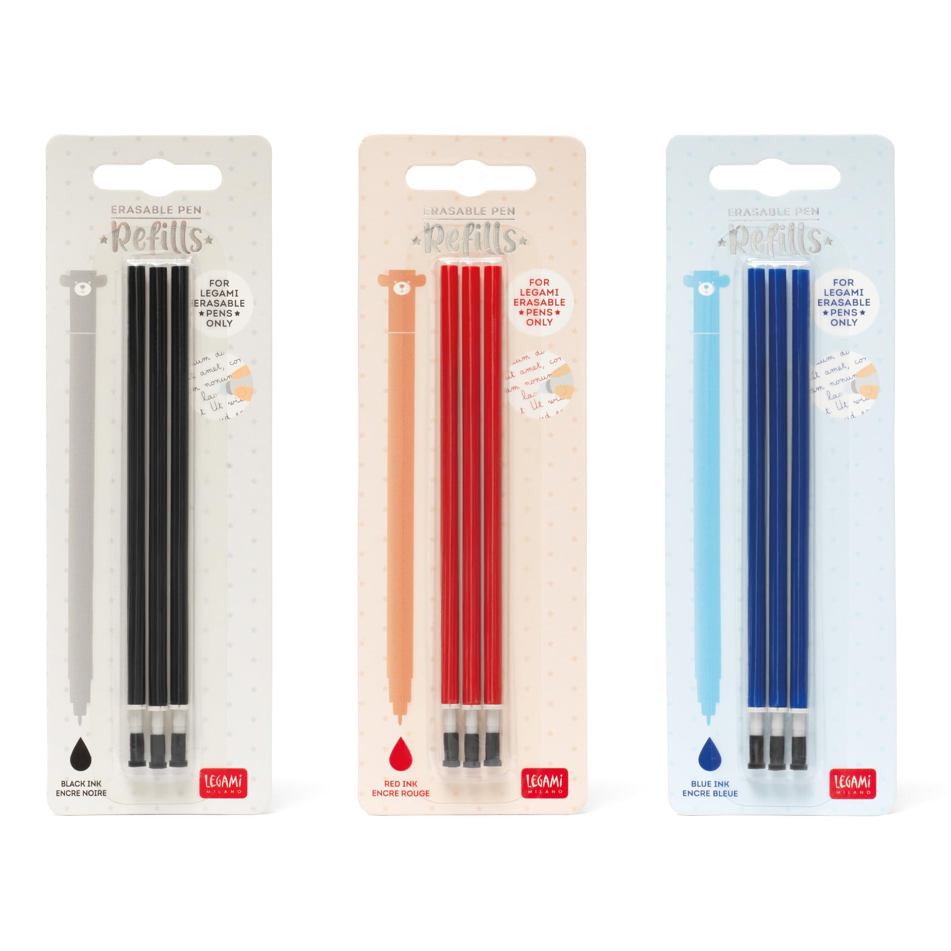 Legami - Set of 3 Refills for Erasable Gel Pens, Blister Pack of 3 Refills, Ink Colour Black, Red, Blue, Diameter 0.5 cm, Height 13 cm