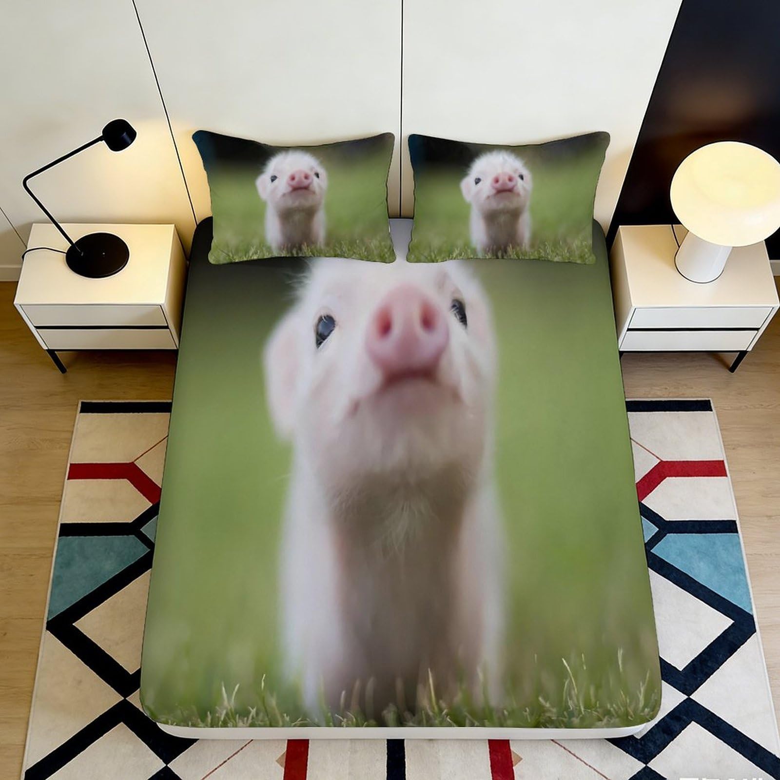 3D Printed Cute Pig Fitted Sheet Microfiber Soft Green Pasture Animal Bed Cover for Bedroom Guestroom Mattress Decor 90x200x25cm