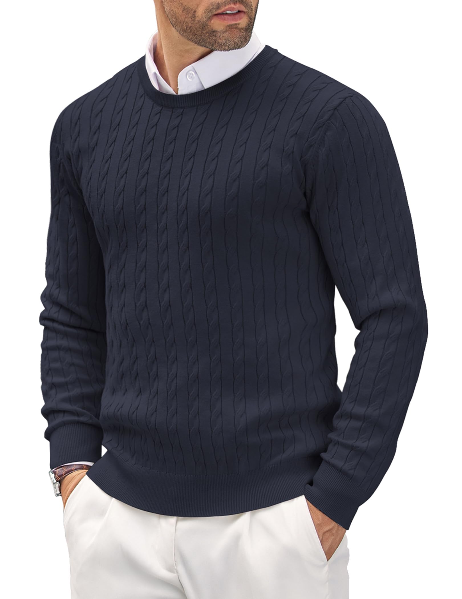 COOFANDY Herren Pullover Rundhals Kragen Zopfmuster Pullover Slim fit Sweater Leichter Freizeit Feinstrickpullover
