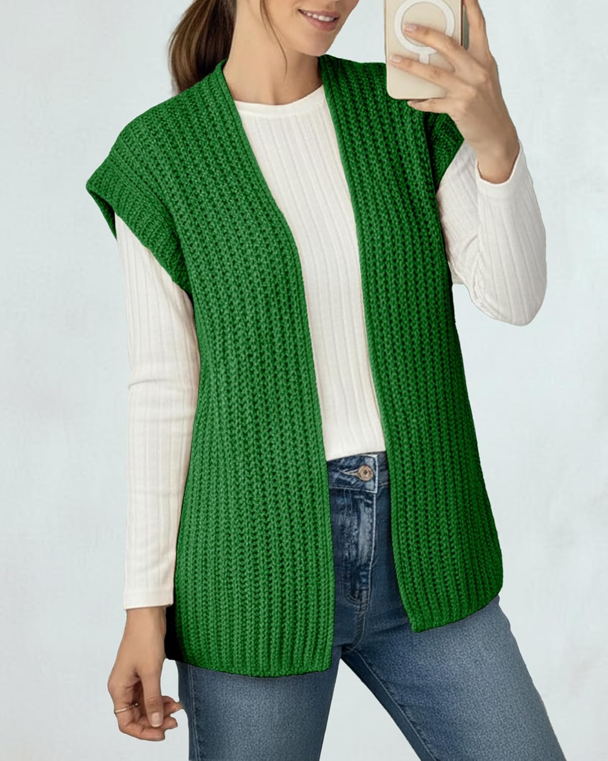 Womens Fall Sleeveless Chunky Knit Long Sweater Vest Crochet Trendy Open Front Cardigan Sweater Tops - Image 4