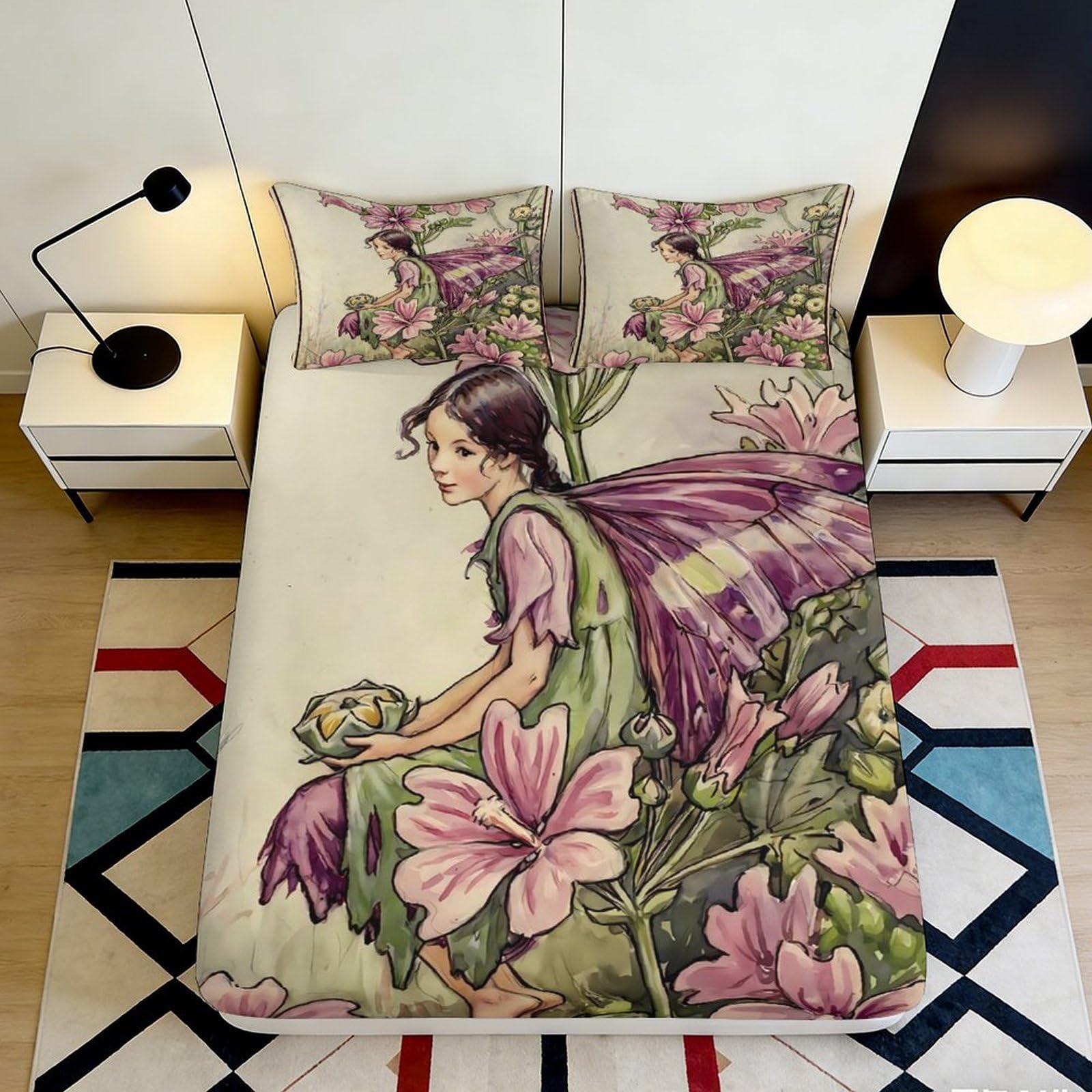3D Printed Fairy Flower Fitted Sheet Microfiber Soft Pink Purple Fantasy Bed Cover for Bedroom Guest Room Decor 120 140x200x25cm