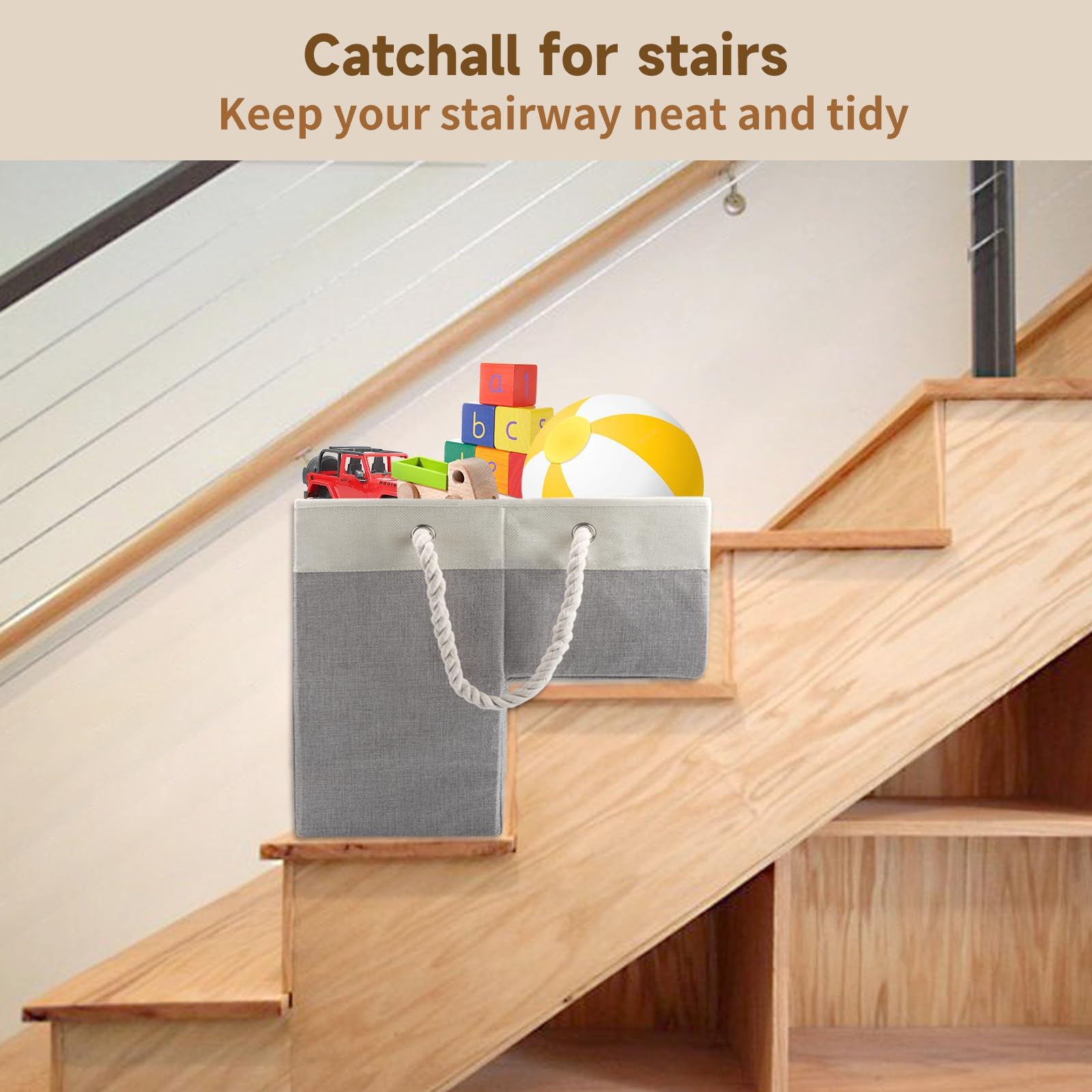 Cesta de madera para escaleras de madera, cesta de almacenamiento para escaleras de lino con mango de cuerda, plegable y duradera, organizador de escaleras para escaleras de moqueta.