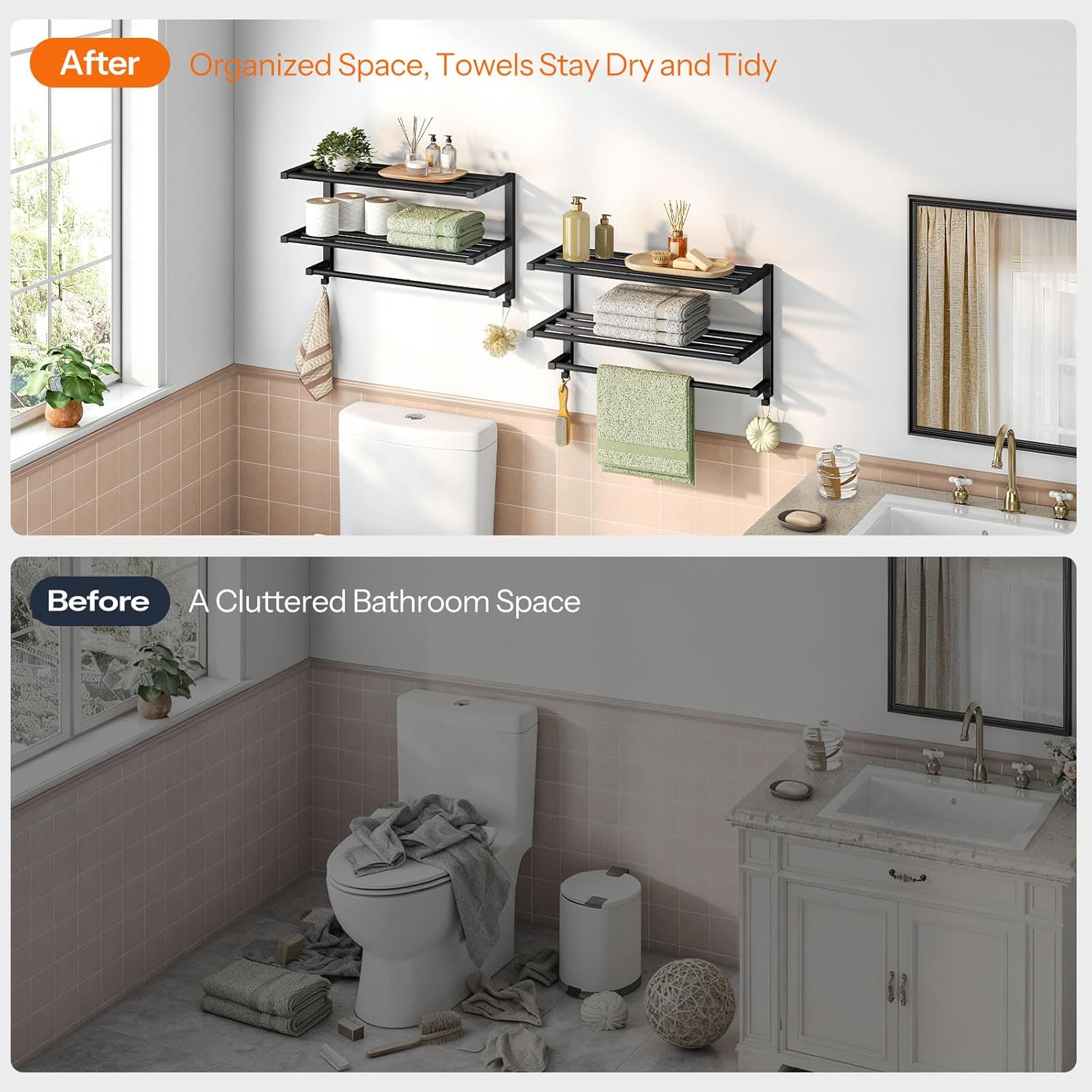 HOOBRO 23.8" Towel Rack for Bathroom, 3 Tier Towel Shelf with Tower Bars, Bathroom Storage Organizer for Towels and Toiletries, Towel Holder Wall Mounted with 2 Hooks, Black BK08LB01