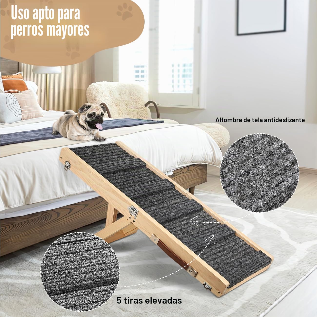 Pawaboo Rampa plegable para perros pequeños, rampa portátil de madera para mascotas, 4 alturas ajustables de 20 cm a 45 cm, rampa de coche para perros pequeños y gatos con alfombra antideslizante, uso