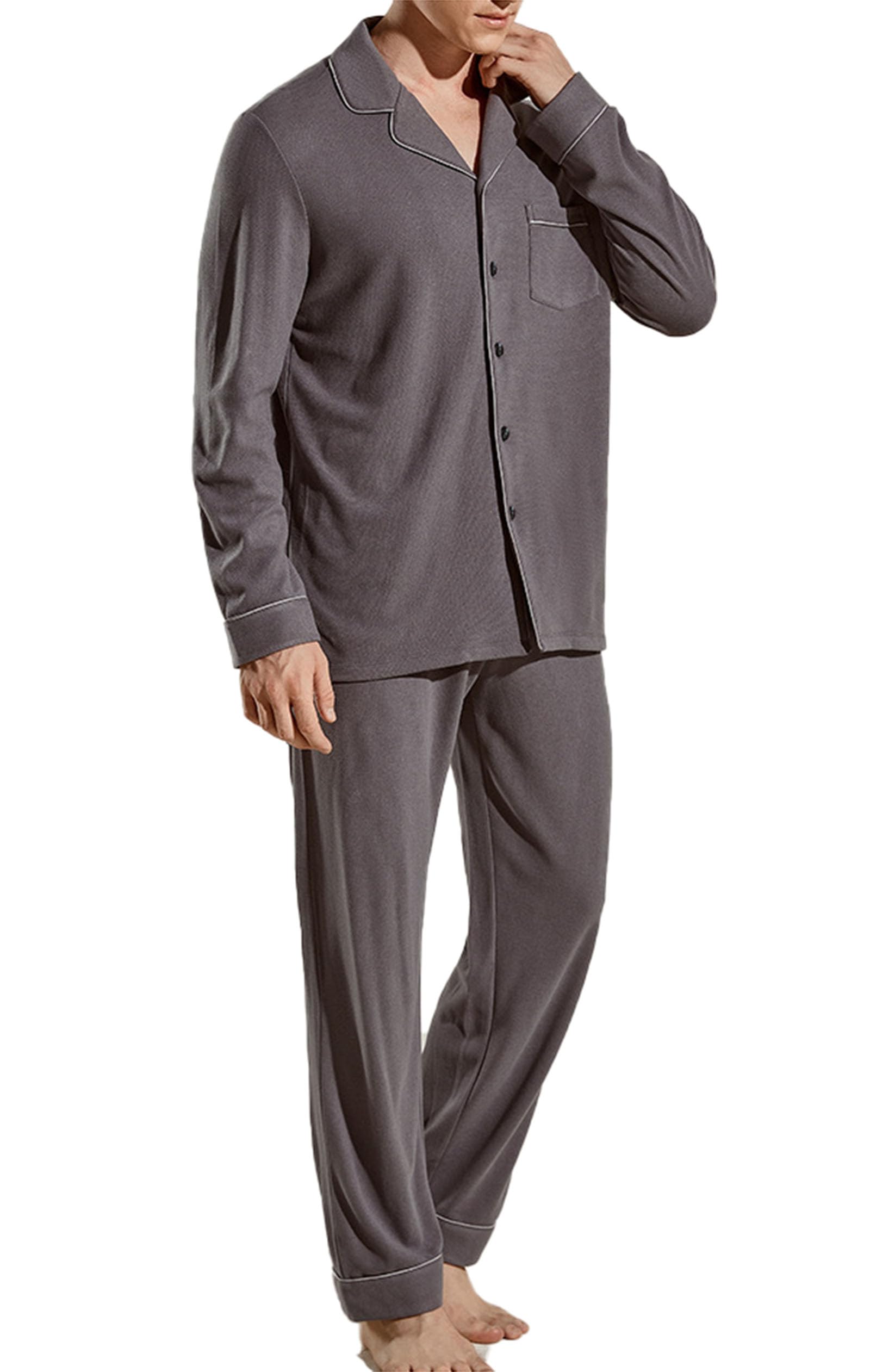 Pyjama à Revers pour Hommes Ensemble à Manches Longues Léger Bouton jusqu'à Vêtements de Nuit Lounge Pjs Set avec Poches