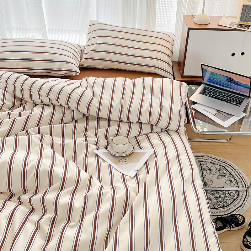 Housse de couette à rayures marron king size en microfibre premium - 2