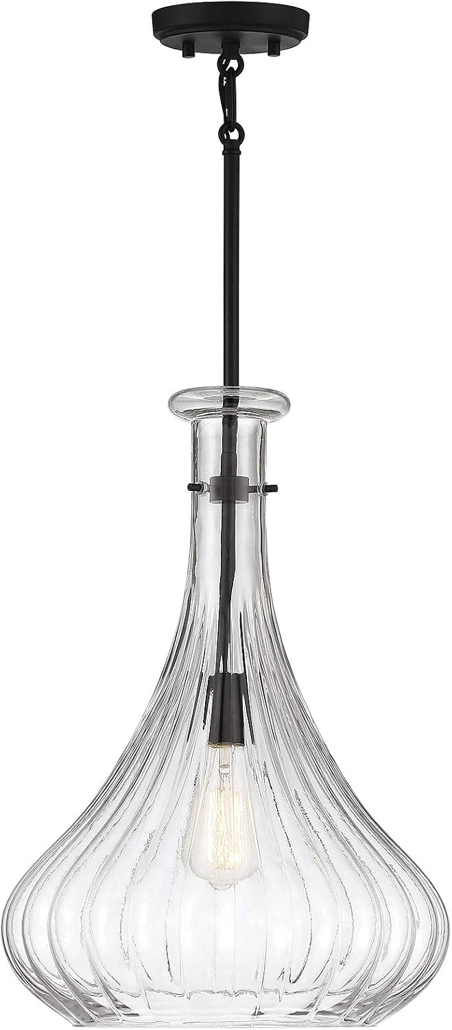 Savoy House 7-2265-1-89 Bristo Industrial Clear Fluted Glass Pendant, 1-Light 60 Watt, 20" H x 14" W, Matte Black
