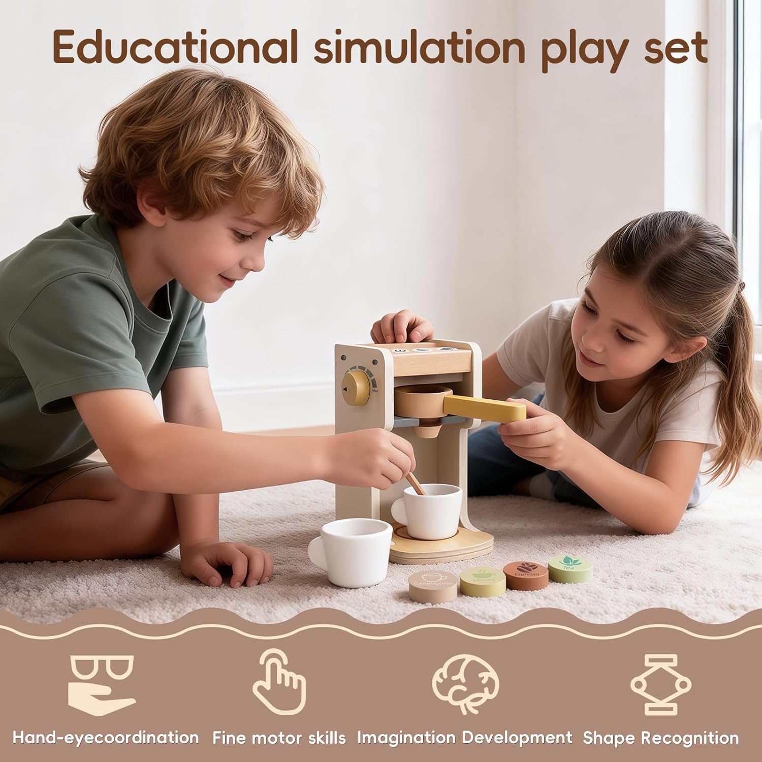 Freniland Classic Wooden Coffee Maker Toy, Pretend Brew & Serve Playset for Toddlers, Educational Kitchen Toy for Kids Ages 3Y+