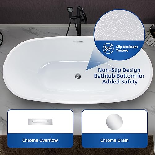 Vista 40 de WOODBRIDGE Bañera de acrílico independiente de 67 "bañera contemporánea de remojo blanco con desbordamiento y drenaje negro mate, BTA1528-MB Mate