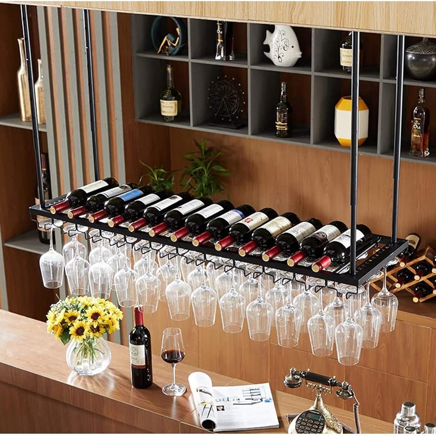 Hanging Wine Glass Holder Ceiling Metal Wine Rack,Stemware Holder Ceiling Decoration Shelf Vintage Style Iron Hanging Wine Glass Holder,for Bars,Kitchens,Restaurant