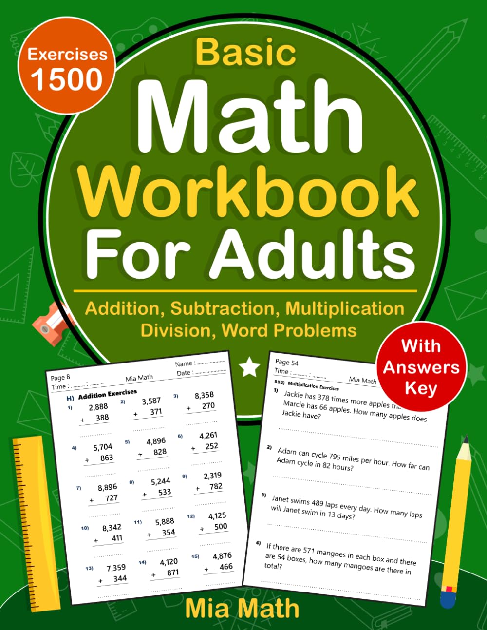 Basic Math Workbook For Adults With Addition, Subtraction, Multiplication, Division, Word Problems: Daily Math Practice Workbook For Adults With 1500 ... For Adults | Math Worksheets For Adults