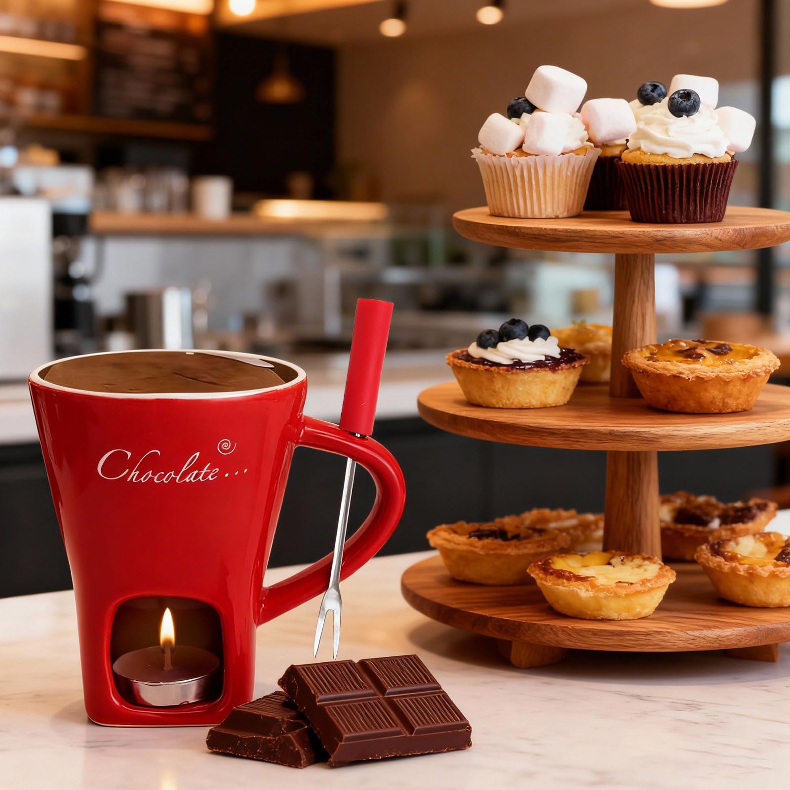 Taza de cerámica para fondue de chocolate, 130 ml, con portavelas y tenedores, fondue de chocolate, juego de fondue de chocolate, juego de fondue de chocolate, cazo para chocolate y queso, mantequilla