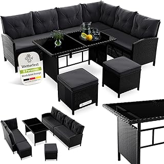 Juskys Polyrattan Lounge Manacor mit Ecksofa, Esstisch, 2 Hocker & Kissen - wetterfest bis 7 Personen - Bezüge waschbar - Rattan Garten Sitzgruppe Gartenlounge Gartenmöbel Set - Schwarz/Grau